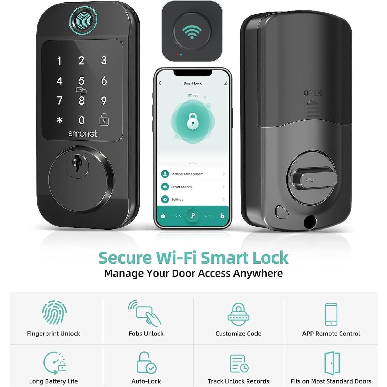 Smart Door Lock WiFi Deadbolt: SMONET Keyless Entry Front Fingerprint Keypad Electronic Digital Locks Alexa Deadbolt Remote Control, Bluetooth APP KeyFob Code Auto-Lock for Home, Black
