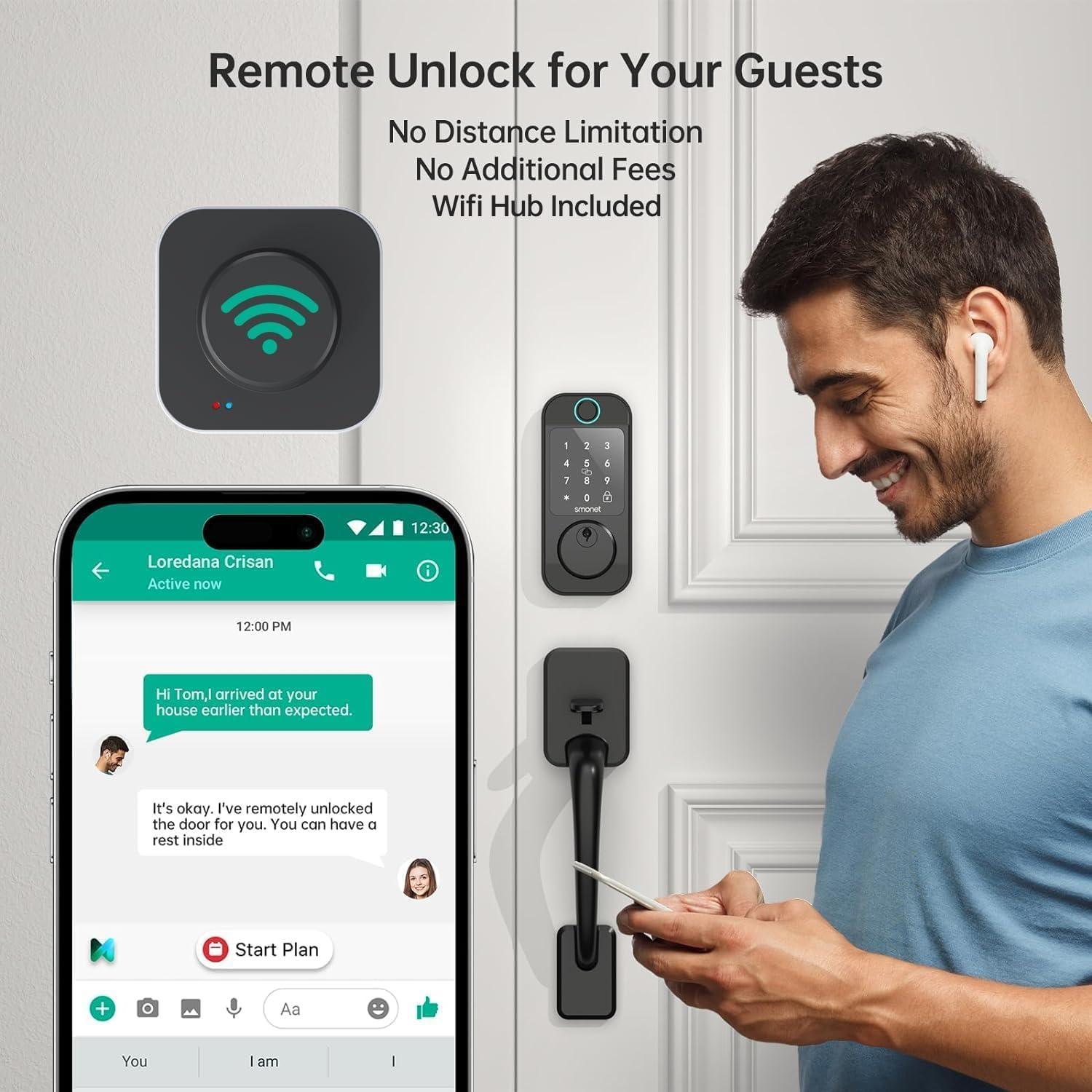 Smart Door Lock WiFi Deadbolt: SMONET Keyless Entry Front Fingerprint Keypad Electronic Digital Locks Alexa Deadbolt Remote Control, Bluetooth APP KeyFob Code Auto-Lock for Home, Black