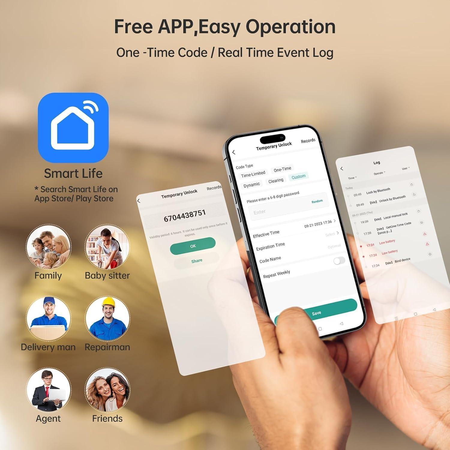 Smart Door Lock WiFi Deadbolt: SMONET Keyless Entry Front Fingerprint Keypad Electronic Digital Locks Alexa Deadbolt Remote Control, Bluetooth APP KeyFob Code Auto-Lock for Home, Black