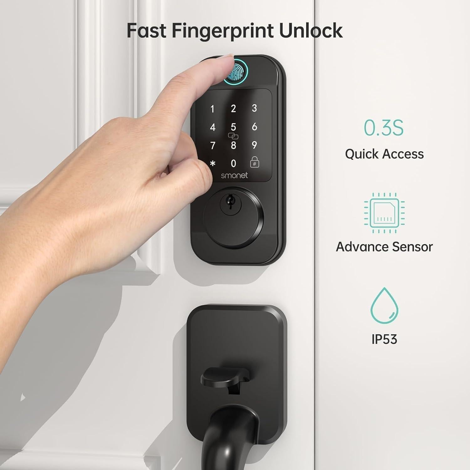 Smart Door Lock WiFi Deadbolt: SMONET Keyless Entry Front Fingerprint Keypad Electronic Digital Locks Alexa Deadbolt Remote Control, Bluetooth APP KeyFob Code Auto-Lock for Home, Black
