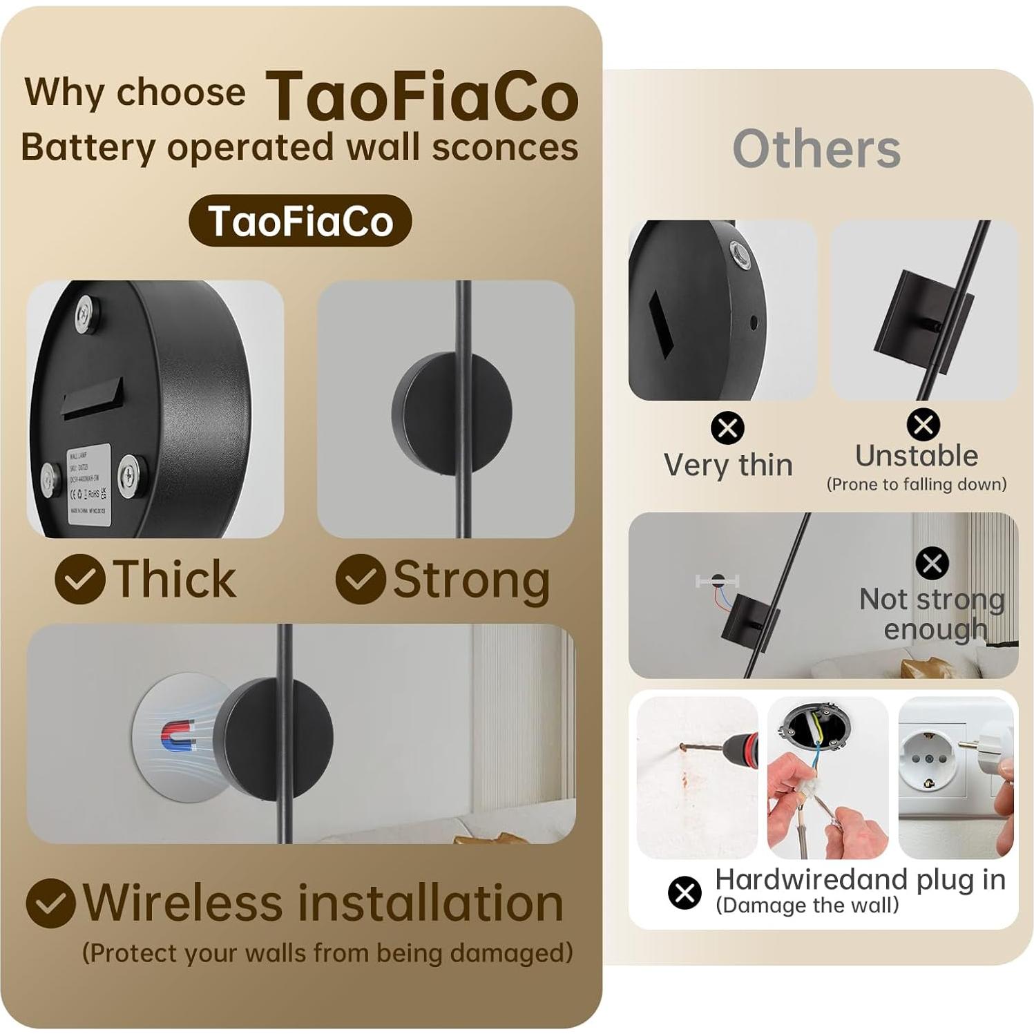 Juego de Apliques de Pared Inalámbricos TaoFiaCo 61cm Negro