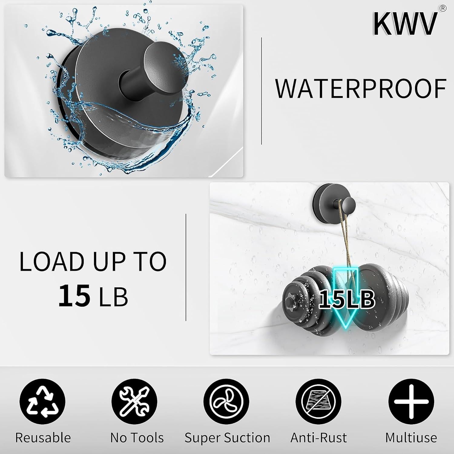Ganchos de Ventosa KWV para Ducha Sin Taladro 6.8kg Negro 2PCS