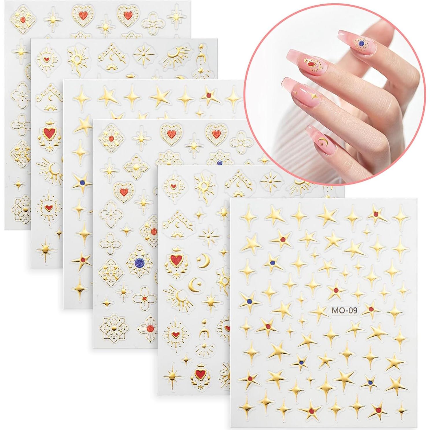 Nail Stickers 6 Sheets 5D Aurora Nail Art Stickers Decals Self-Adhesive Pegatinas Uñas Glitter Self-Adhesive Flower Star Heart Butterfly Nail Art Design Decoration Accessories for Woman Girls,Style1