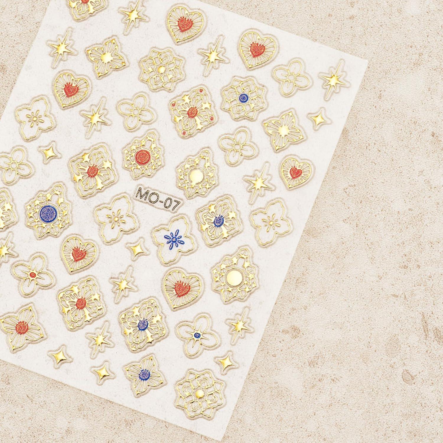 Nail Stickers 6 Sheets 5D Aurora Nail Art Stickers Decals Self-Adhesive Pegatinas Uñas Glitter Self-Adhesive Flower Star Heart Butterfly Nail Art Design Decoration Accessories for Woman Girls,Style1