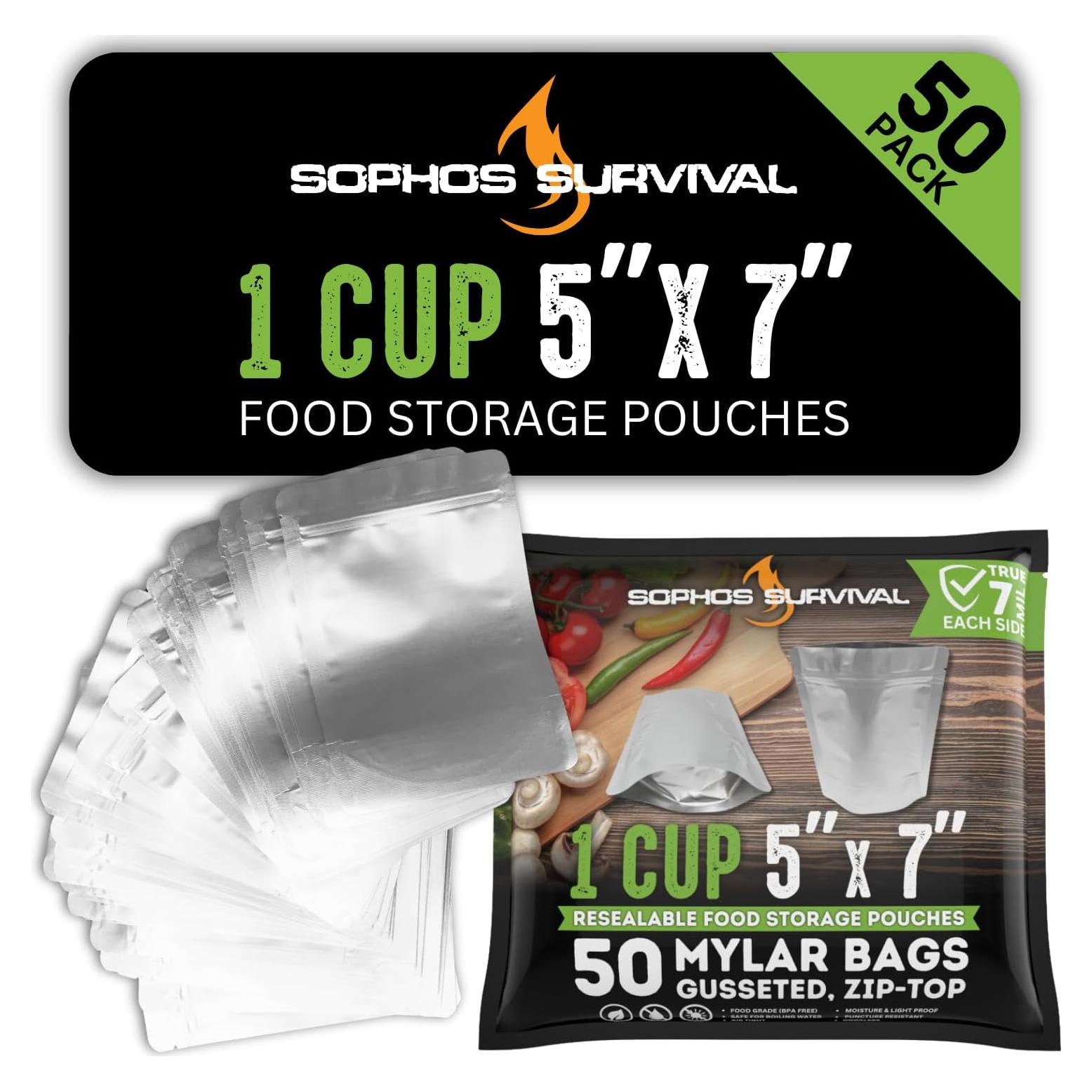 50 Bolsas Mylar Reutilizables 7 Mil Sophos Survival 1 Taza
