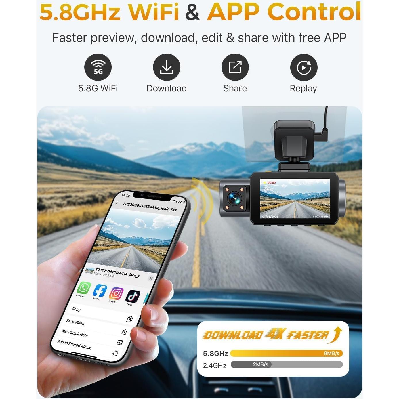 Cámara Dash GKU D1000 4K Triple 3 Canales GPS WiFi 64GB