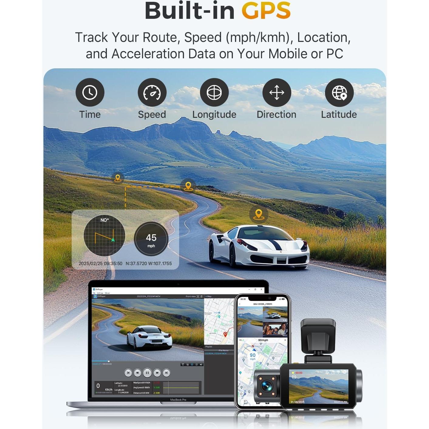 Cámara Dash GKU D1000 4K Triple 3 Canales GPS WiFi 64GB