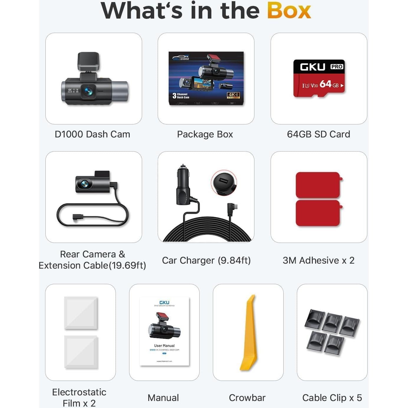 Cámara Dash GKU D1000 4K Triple 3 Canales GPS WiFi 64GB