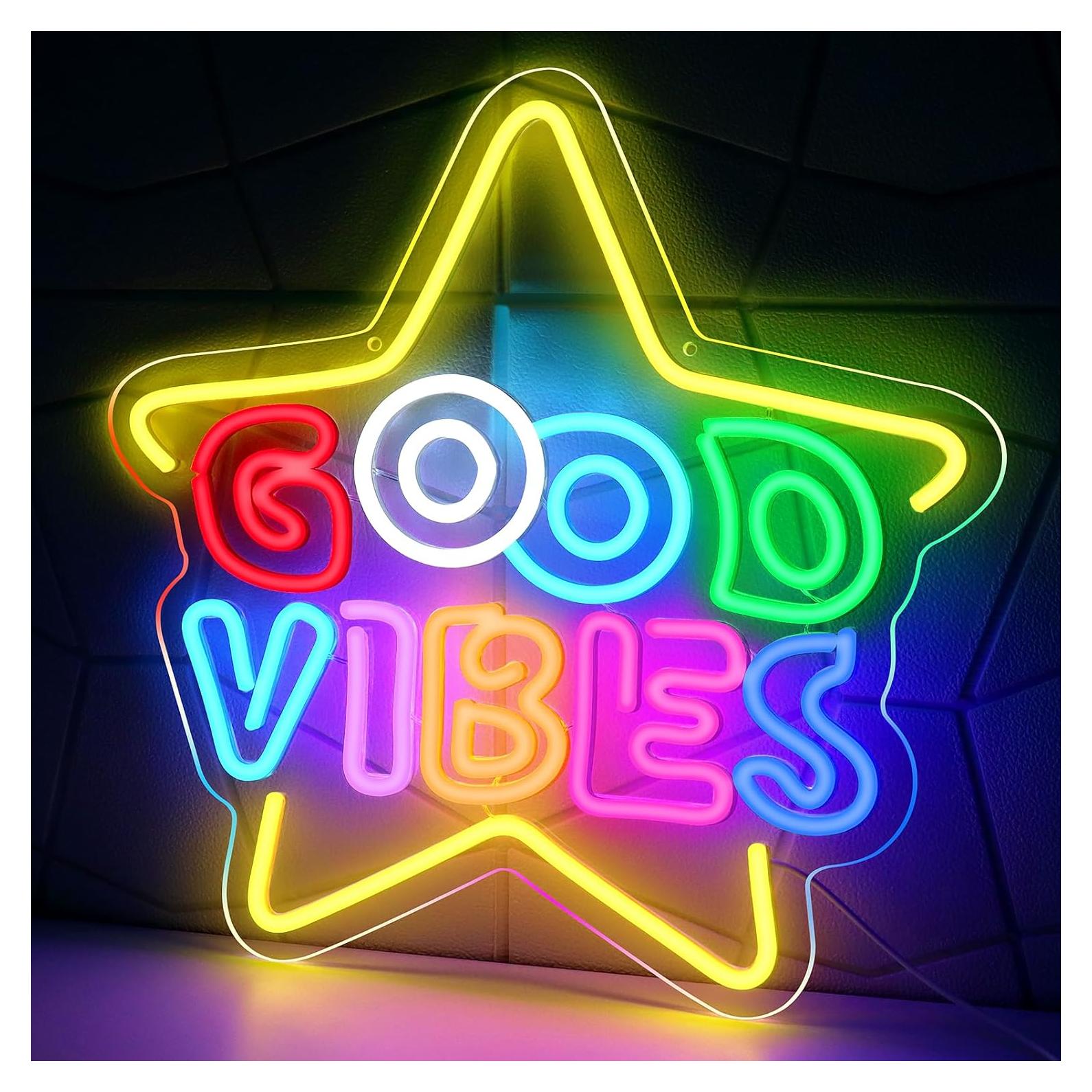 Letrero de neón LED Estrella Buenas Vibras 40x40 cm USB