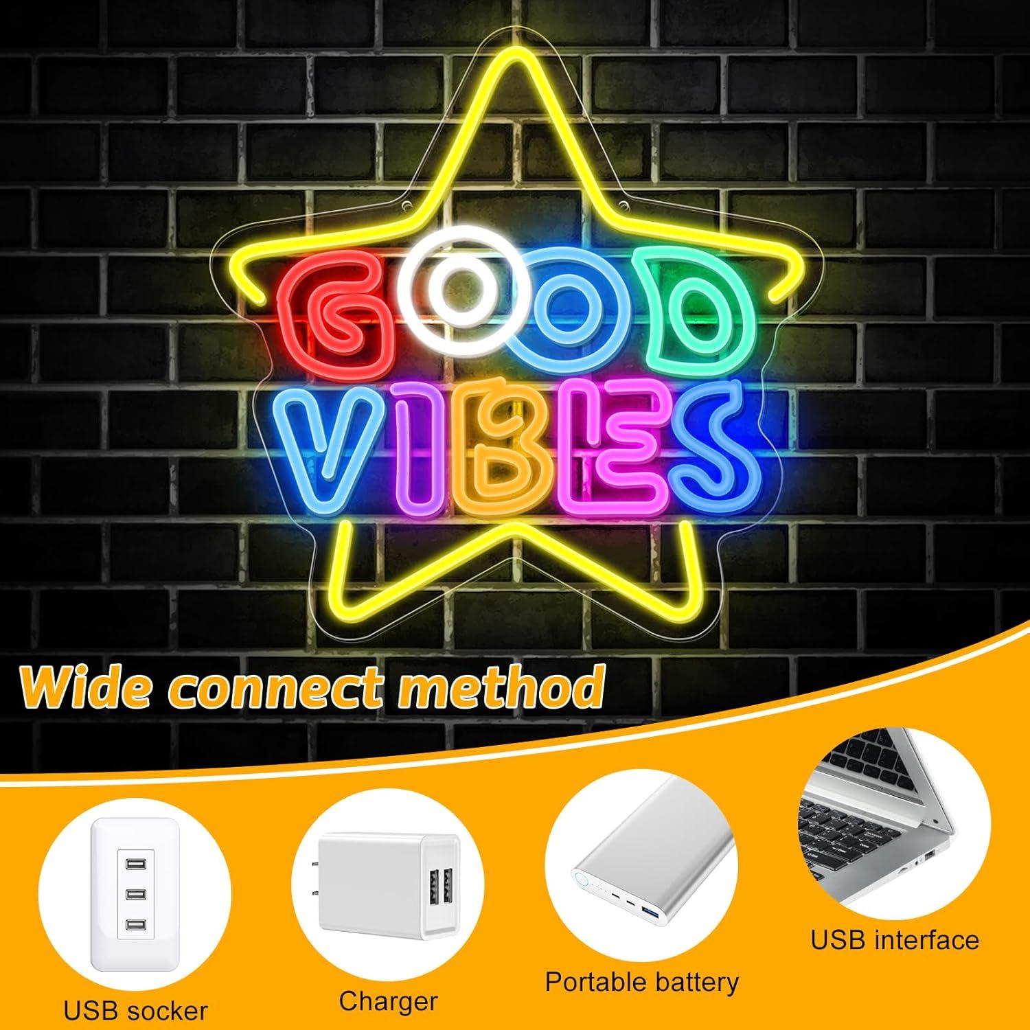 Letrero de neón LED Estrella Buenas Vibras 40x40 cm USB