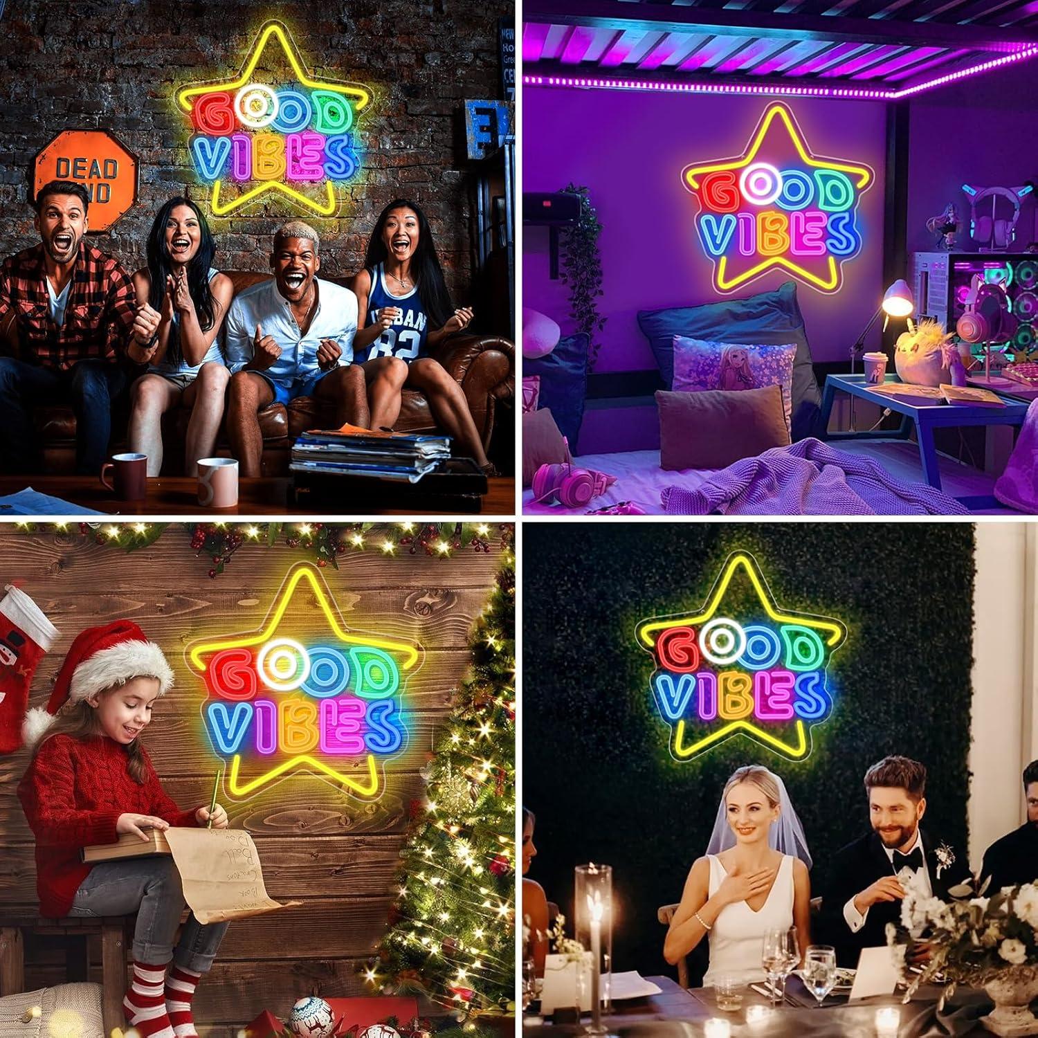 Letrero de neón LED Estrella Buenas Vibras 40x40 cm USB