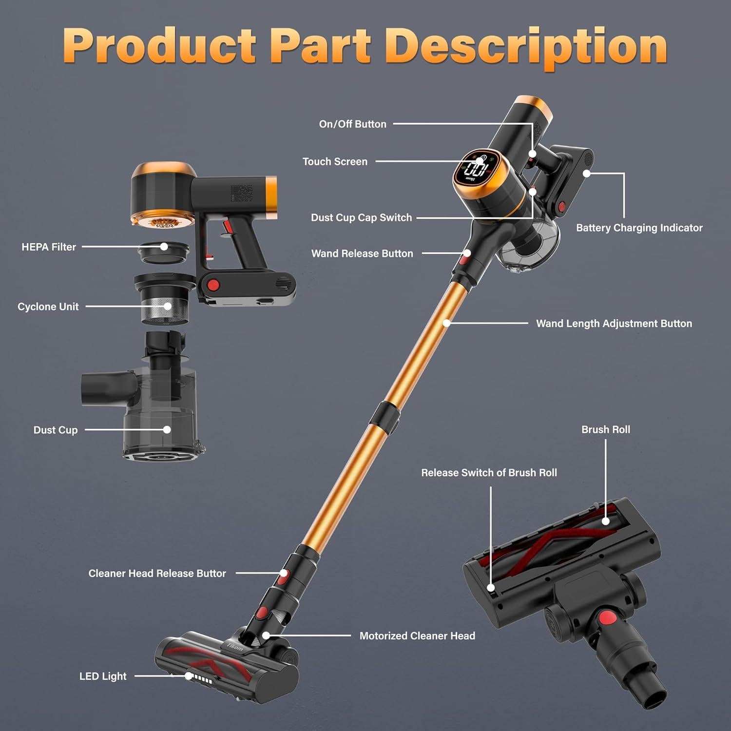 Aspiradora Inalámbrica Tikom V500 450W 40Kpa Pantalla Táctil