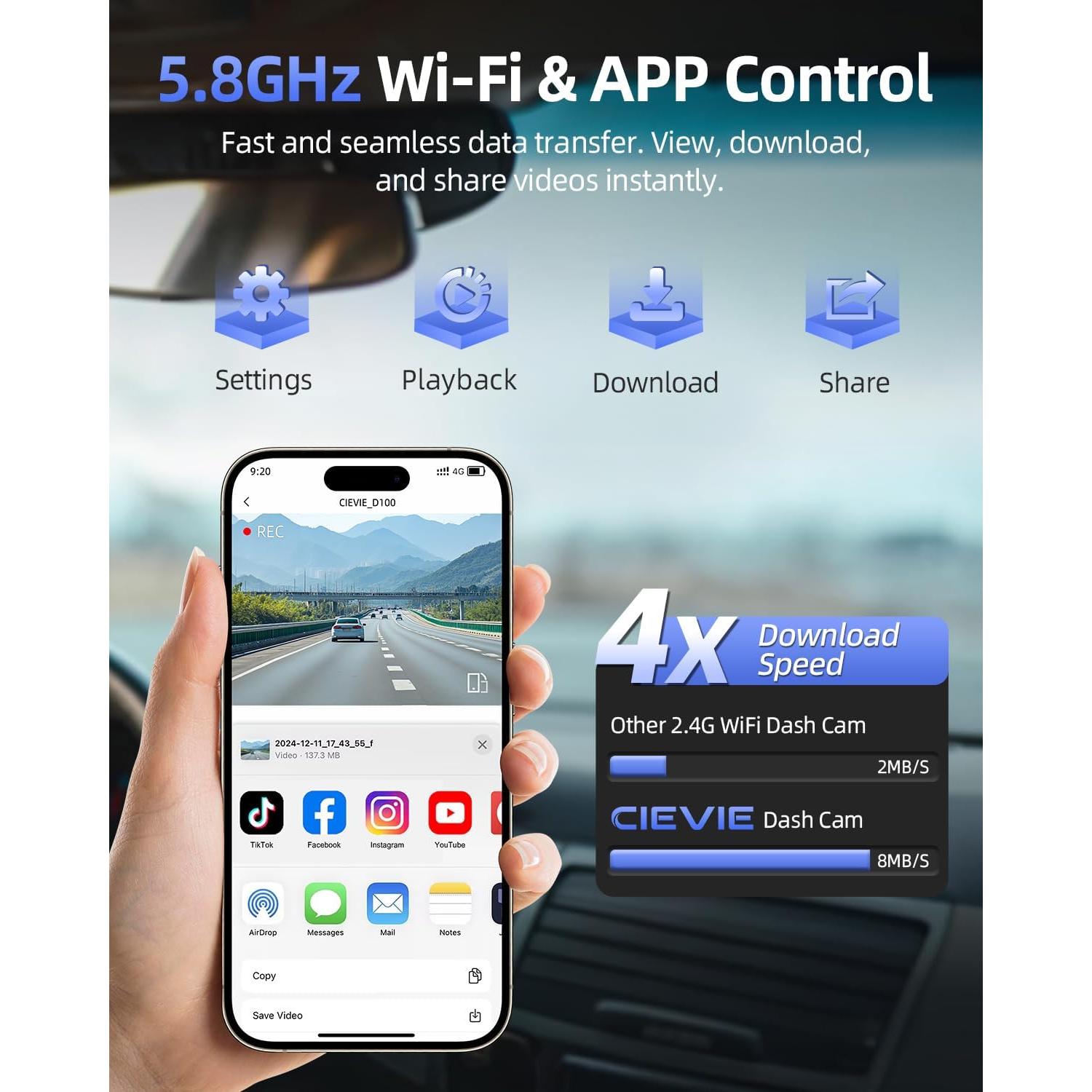 Cámara Dash Dual 4K + 1080P Cievie D100 con SD 64GB
