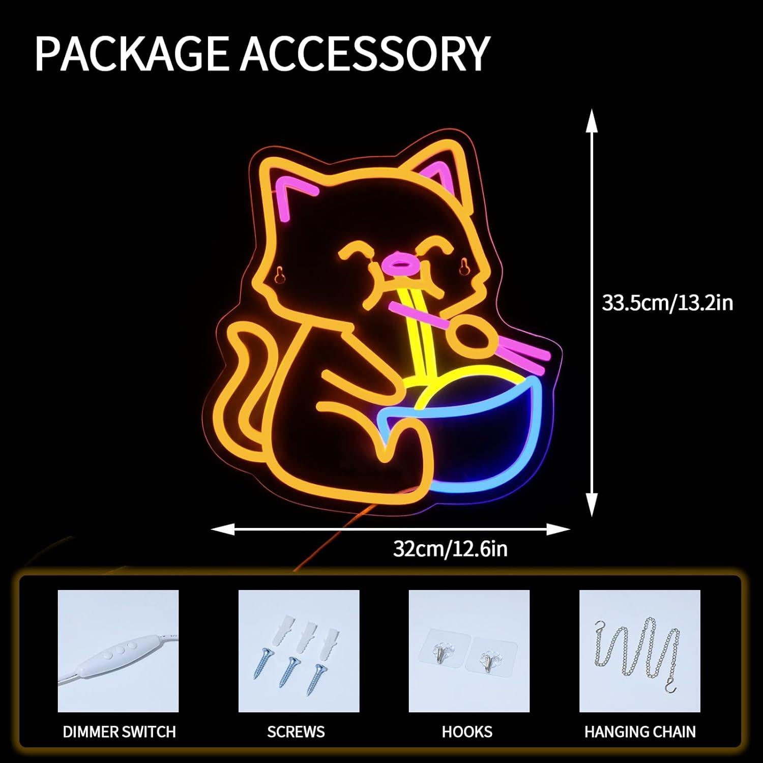 Cartel de Neón LED Gato Ramen Virlusy Regulable 35.88x34.14cm