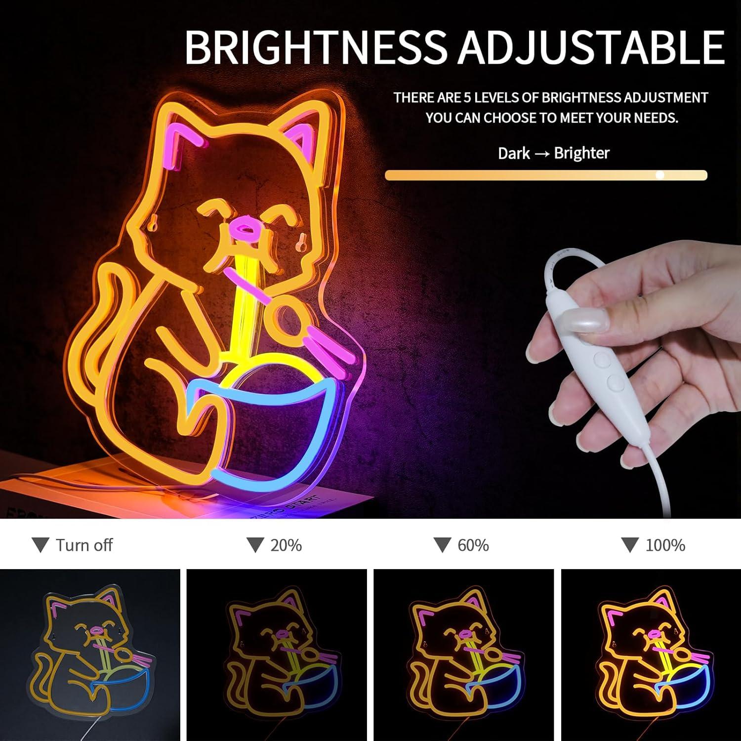 Cartel de Neón LED Gato Ramen Virlusy Regulable 35.88x34.14cm