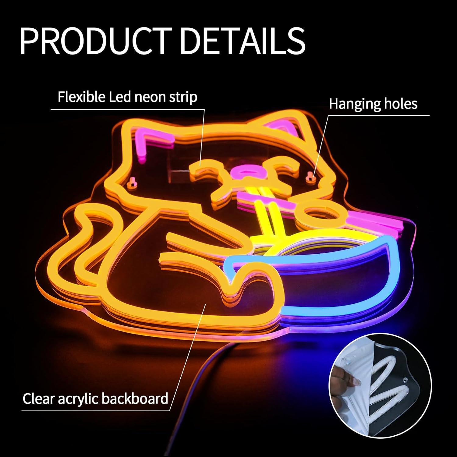 Cartel de Neón LED Gato Ramen Virlusy Regulable 35.88x34.14cm