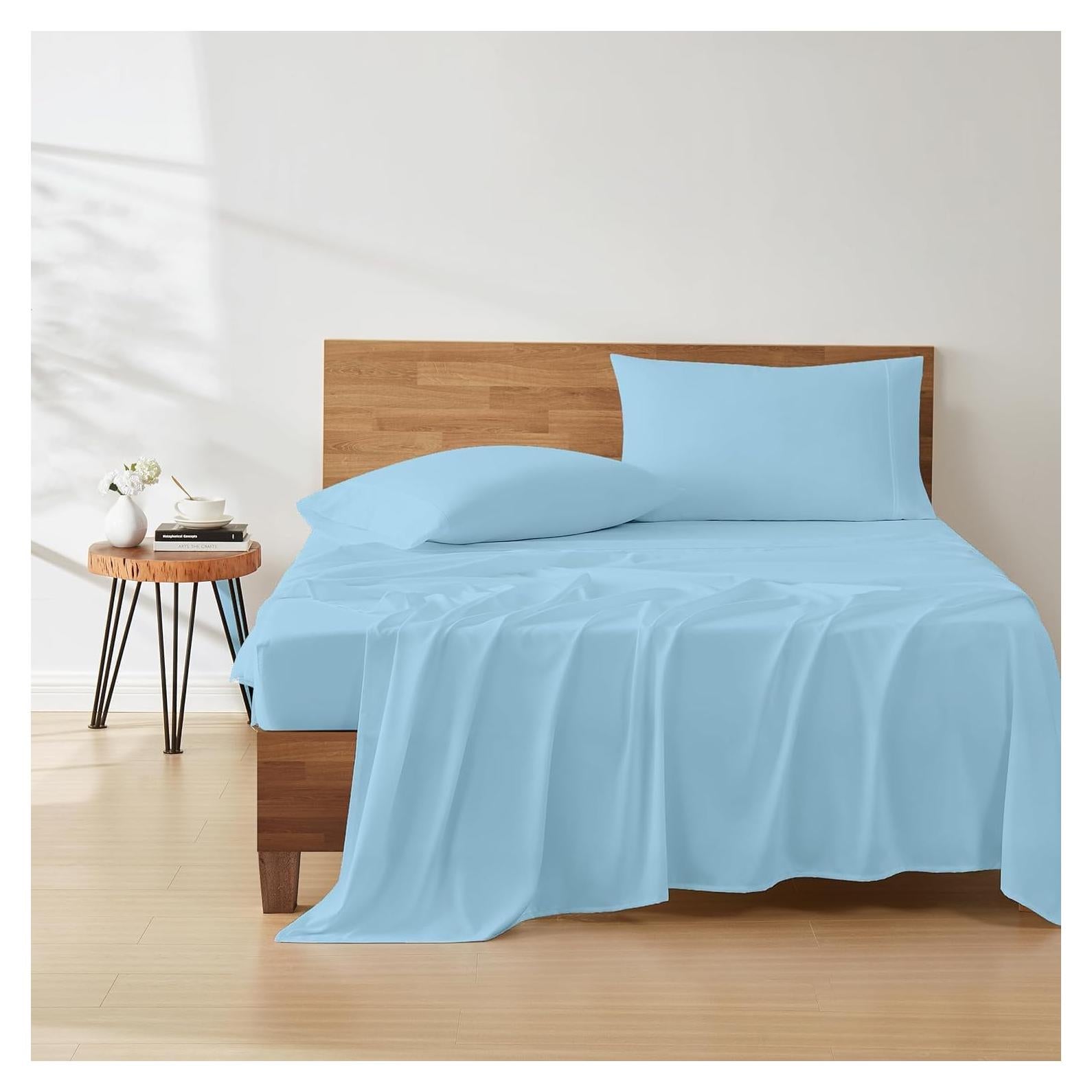 Juego de Sábanas de 4 Piezas Algodón NO Pegajoso Reina Azul Claro