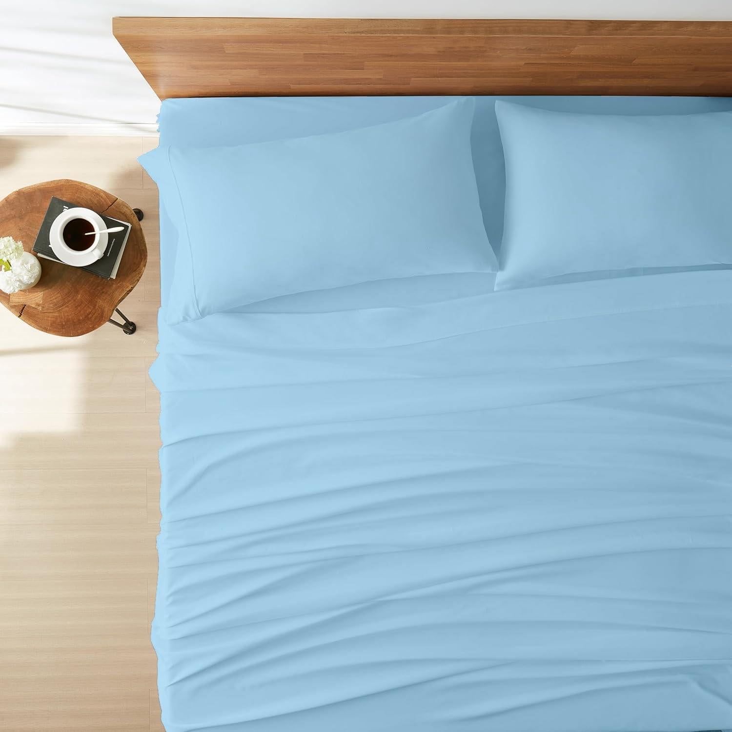 Juego de Sábanas de 4 Piezas Algodón NO Pegajoso Reina Azul Claro