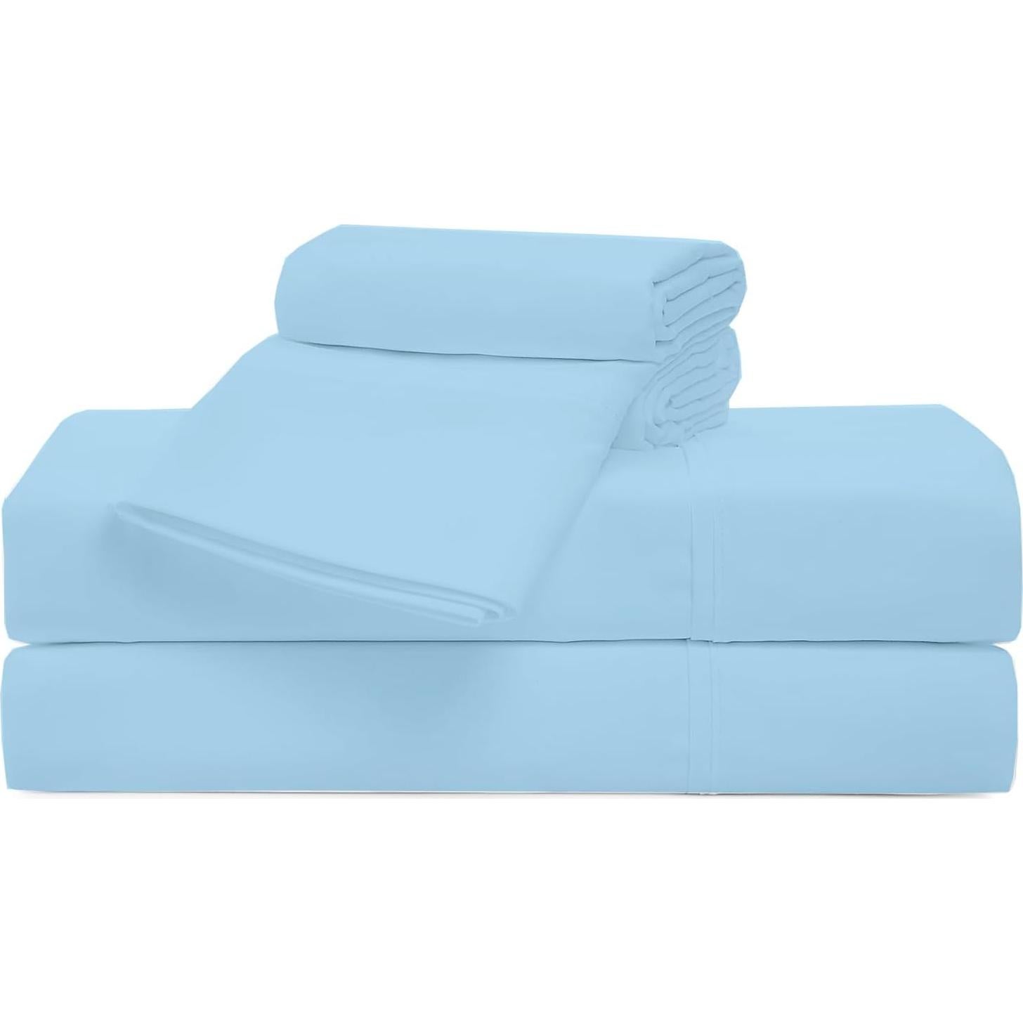 Juego de Sábanas de 4 Piezas Algodón NO Pegajoso Reina Azul Claro