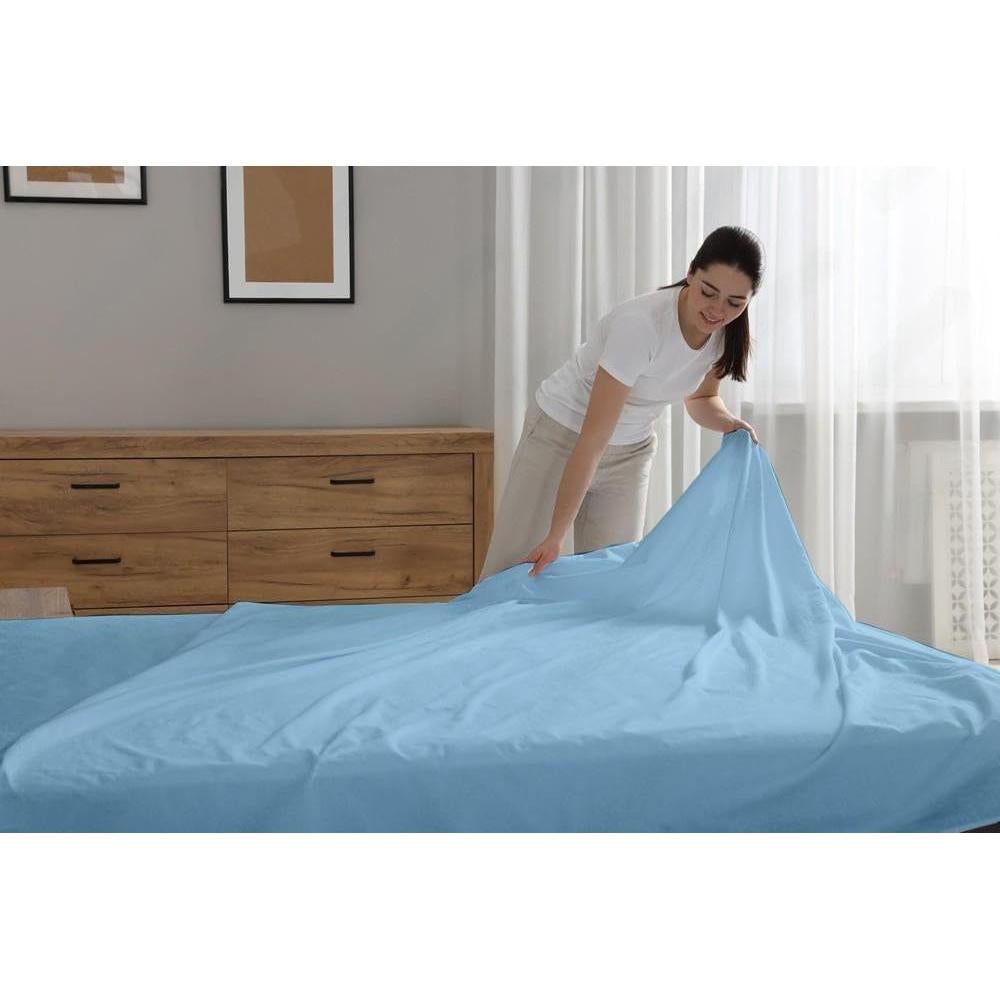 Juego de Sábanas de 4 Piezas Algodón NO Pegajoso Reina Azul Claro
