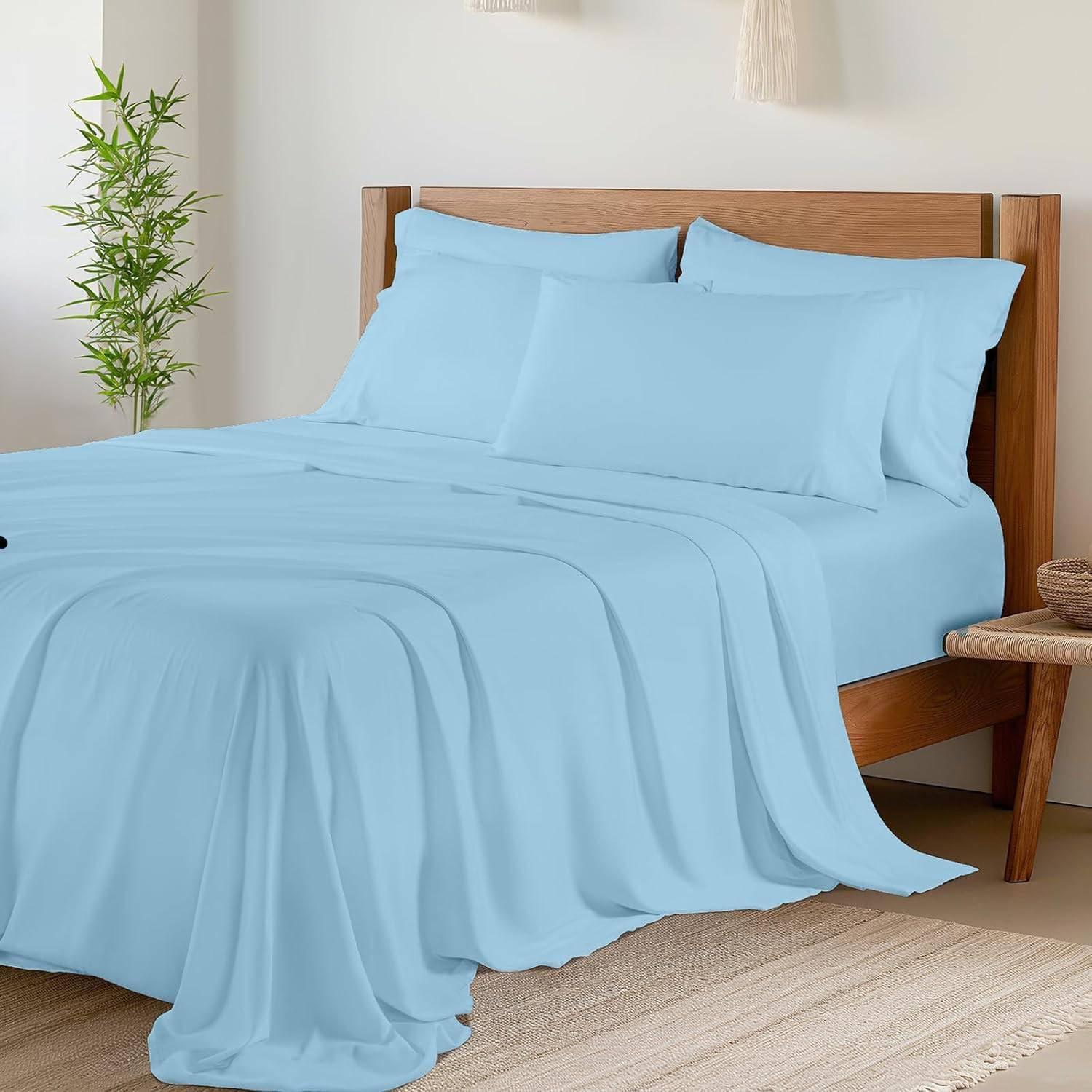 Juego de Sábanas de 4 Piezas Algodón NO Pegajoso Reina Azul Claro