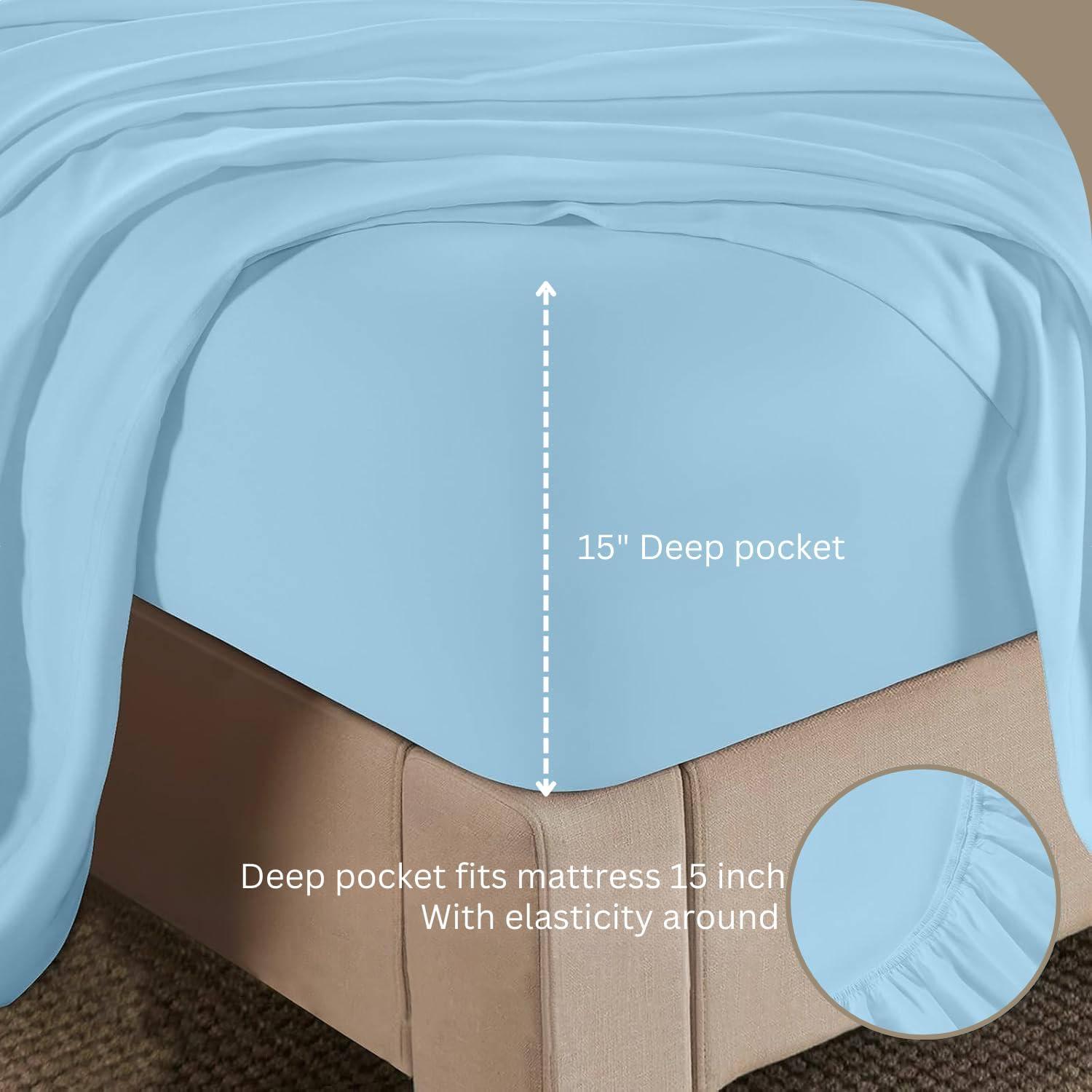 Juego de Sábanas de 4 Piezas Algodón NO Pegajoso Reina Azul Claro