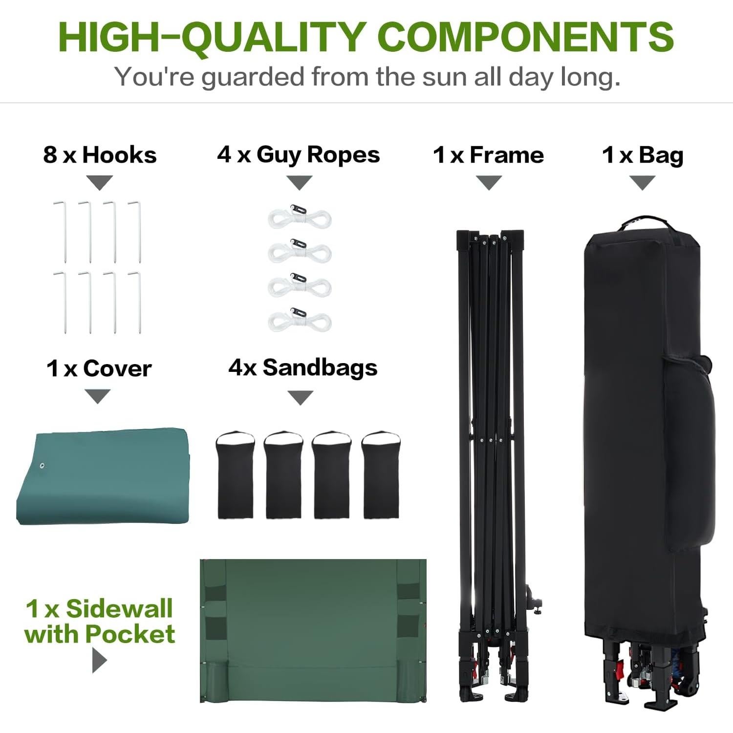 Carpa Plegable 3x3m Tunbne con Pared Lateral y Bolsa Verde