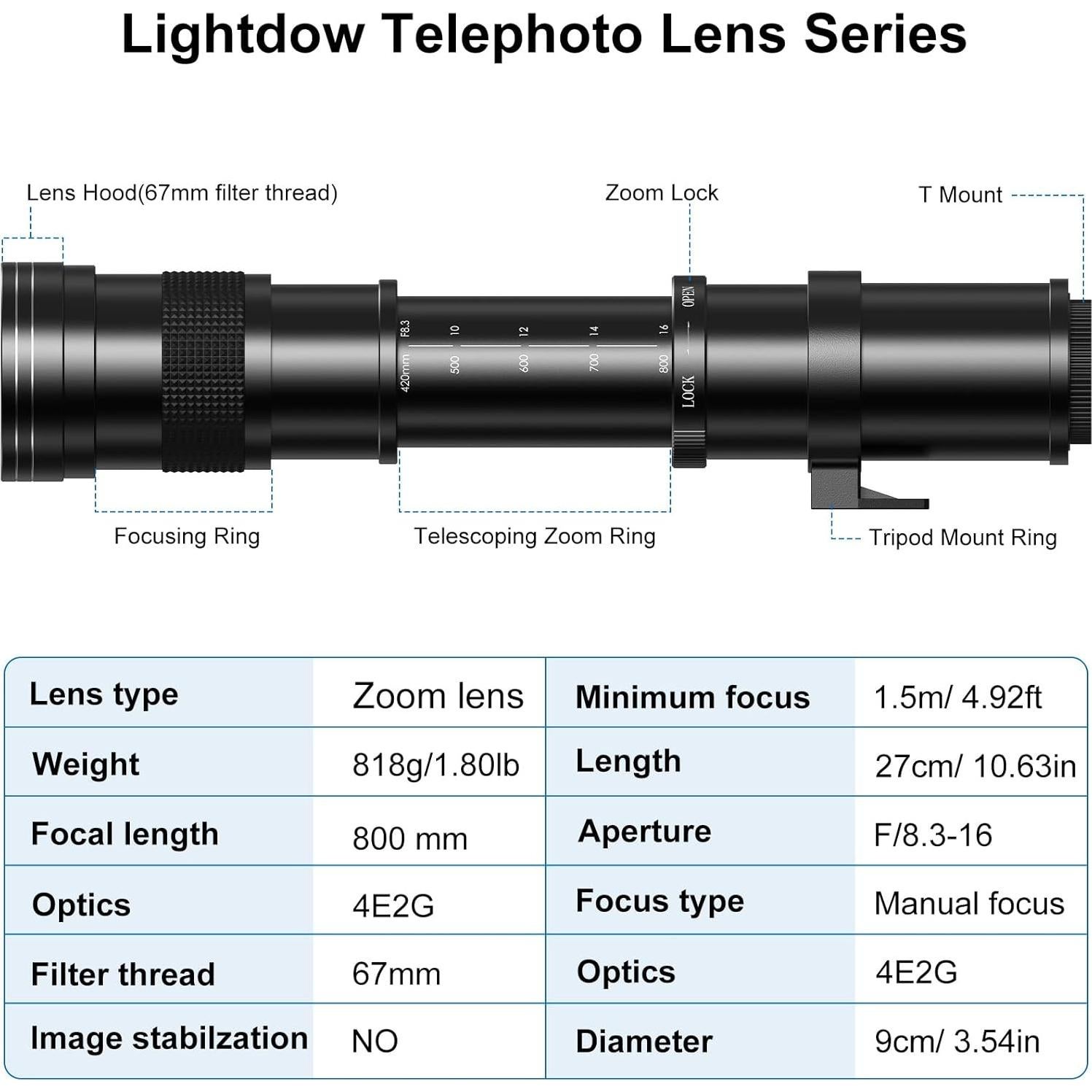 Lente Telefoto Zoom Lightdow 420-800mm F8.3 para Canon