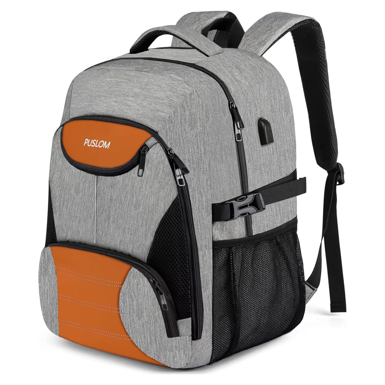 PUSLOM Backpack for Men, Extra Large Travel Laptop Backpack Work Bag with USB Charging Port, Anti Theft Water Resistant Sturdy Business College Bookbag Computer Bag Fit Laptop Up to 17.3 Inch, Grey