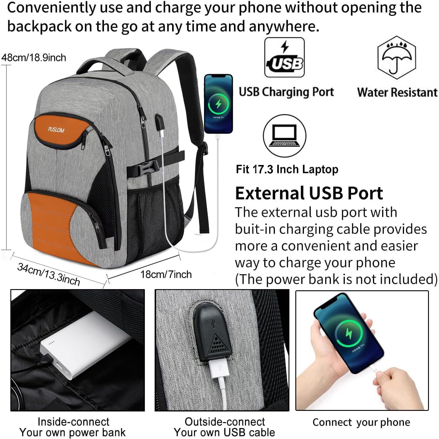 PUSLOM Backpack for Men, Extra Large Travel Laptop Backpack Work Bag with USB Charging Port, Anti Theft Water Resistant Sturdy Business College Bookbag Computer Bag Fit Laptop Up to 17.3 Inch, Grey