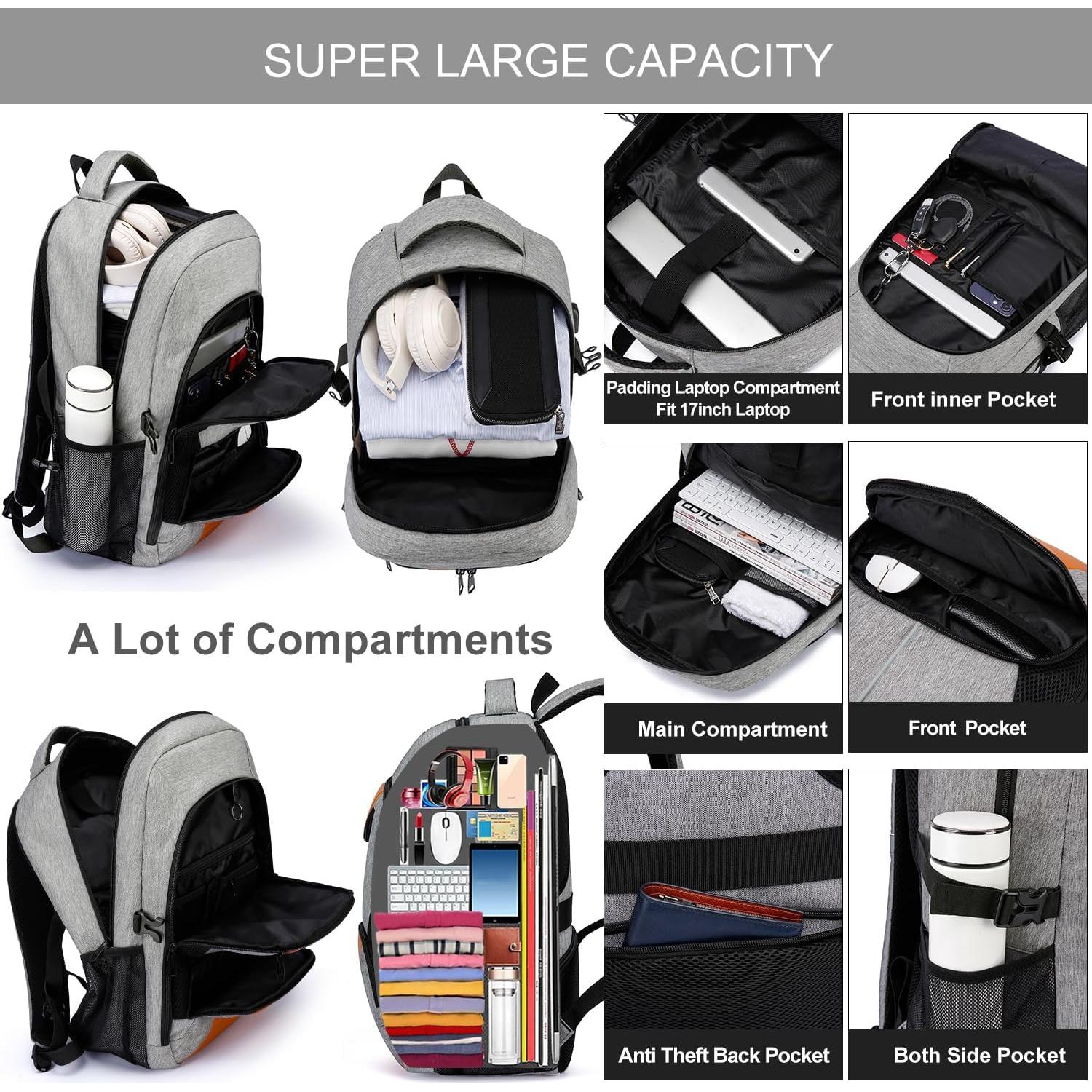 PUSLOM Backpack for Men, Extra Large Travel Laptop Backpack Work Bag with USB Charging Port, Anti Theft Water Resistant Sturdy Business College Bookbag Computer Bag Fit Laptop Up to 17.3 Inch, Grey