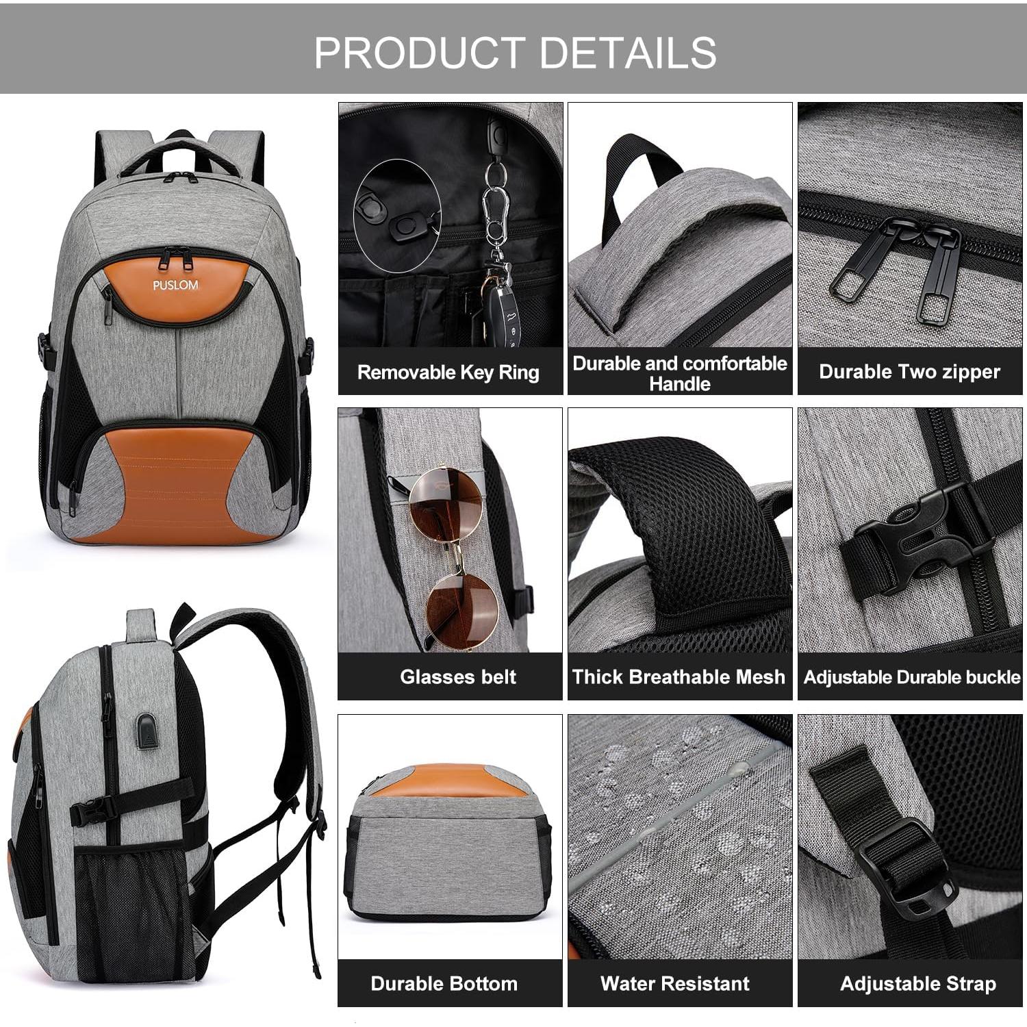 PUSLOM Backpack for Men, Extra Large Travel Laptop Backpack Work Bag with USB Charging Port, Anti Theft Water Resistant Sturdy Business College Bookbag Computer Bag Fit Laptop Up to 17.3 Inch, Grey