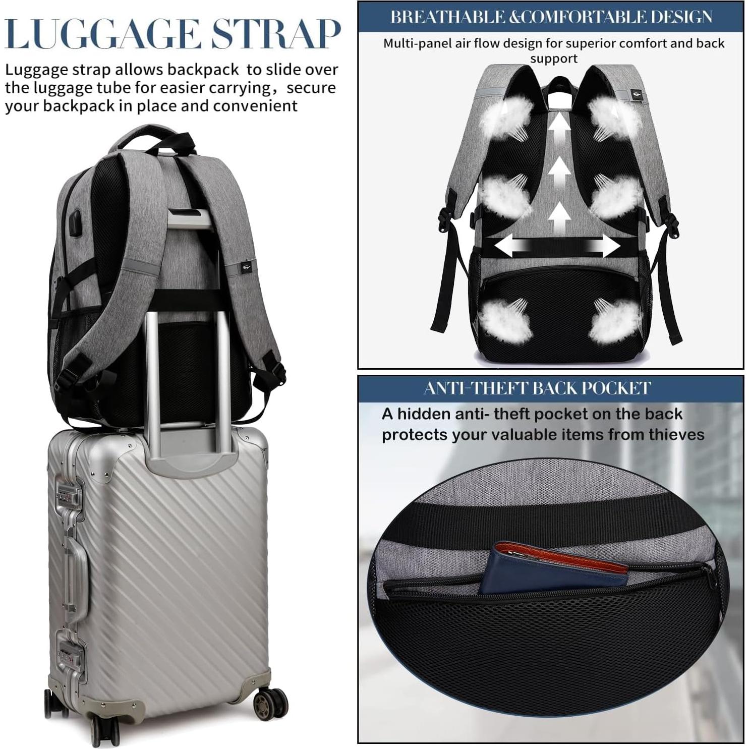 PUSLOM Backpack for Men, Extra Large Travel Laptop Backpack Work Bag with USB Charging Port, Anti Theft Water Resistant Sturdy Business College Bookbag Computer Bag Fit Laptop Up to 17.3 Inch, Grey