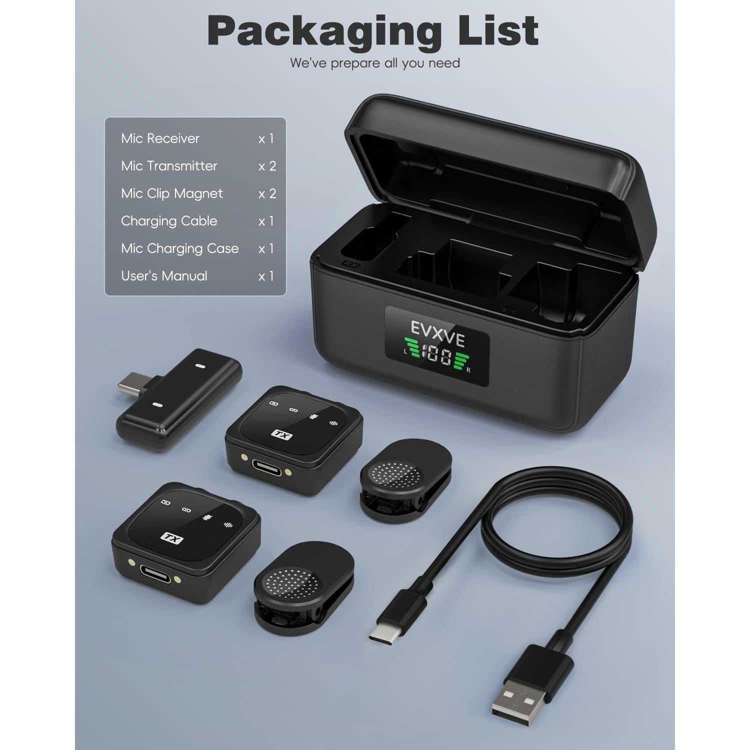 Micrófono Lavalier Inalámbrico EVXVE Tipo-C 48KHz con Estuche