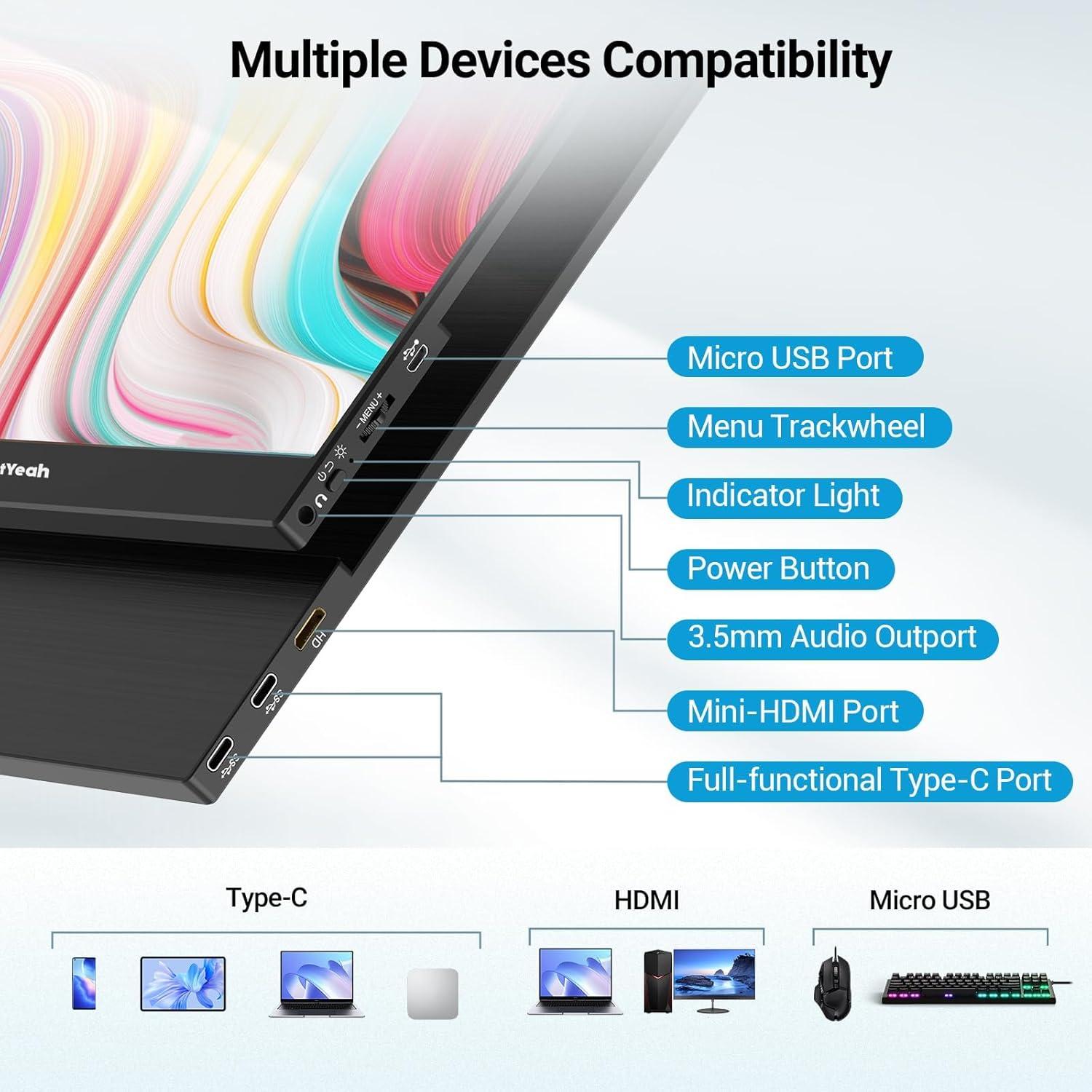 Monitor Táctil HotYeah 15.6" 1080P USB-C HDMI Portátil
