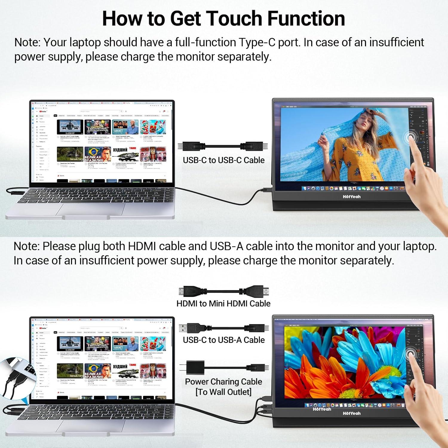 Monitor Táctil HotYeah 15.6" 1080P USB-C HDMI Portátil