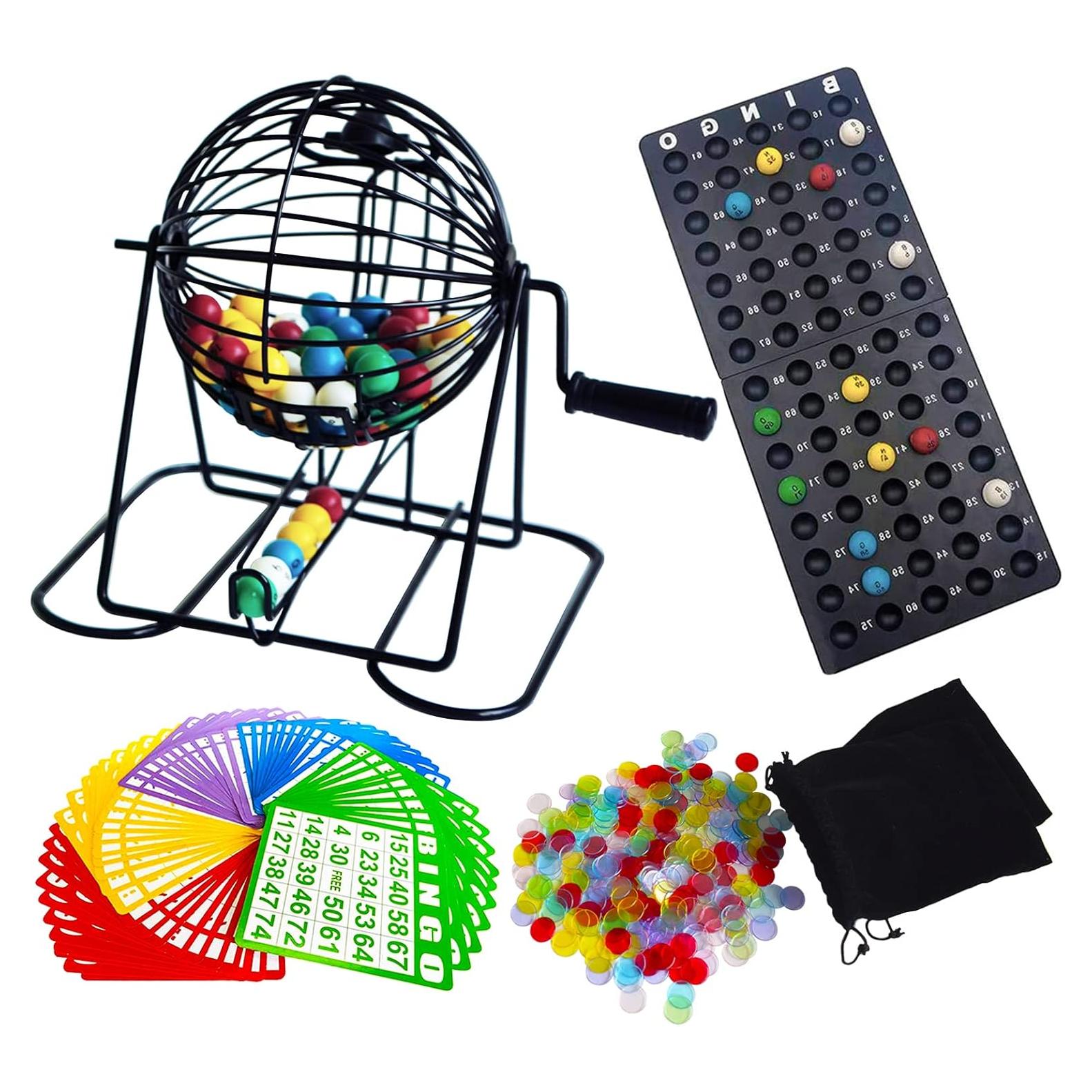 Juego de Bingo Deluxe Yuanhe - Jaula Metal 15 cm, 75 Bolas, 50 Tarjetas
