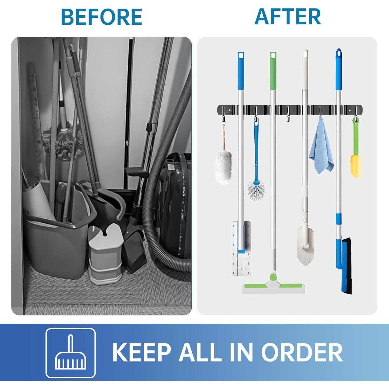 Soporte de Escoba ZONGOOL 4 Estantes 5 Ganchos Montaje Pared
