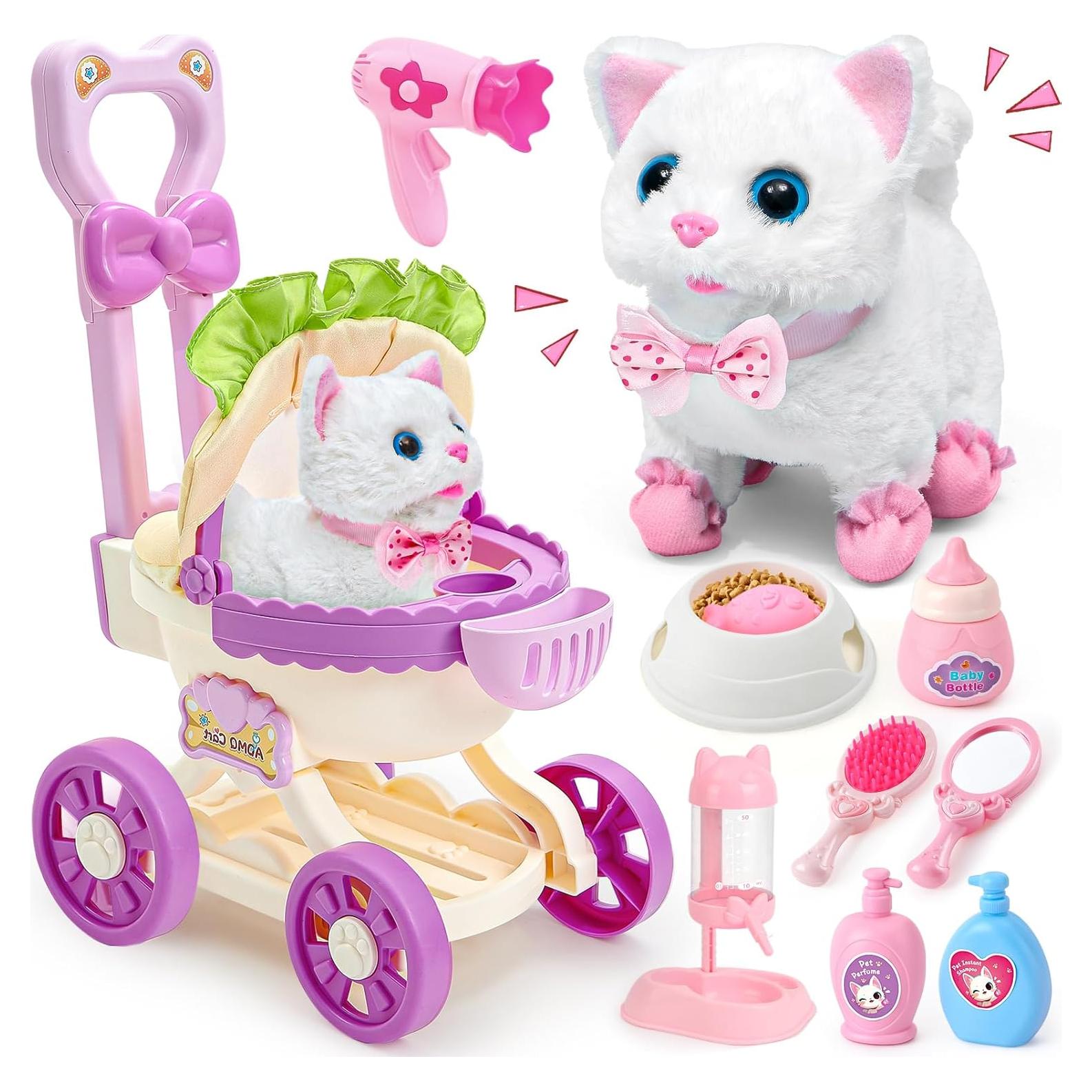 G.C Cat Toys for Kids Girls, Electronic Interactive Stuffed Cat Walk Meow and Wag Tail with Stroller Pet Care Accessories Toys Pretend Play Birthday Gifts for Toddlers Girls 3 4 5 6 7 8 Year Old