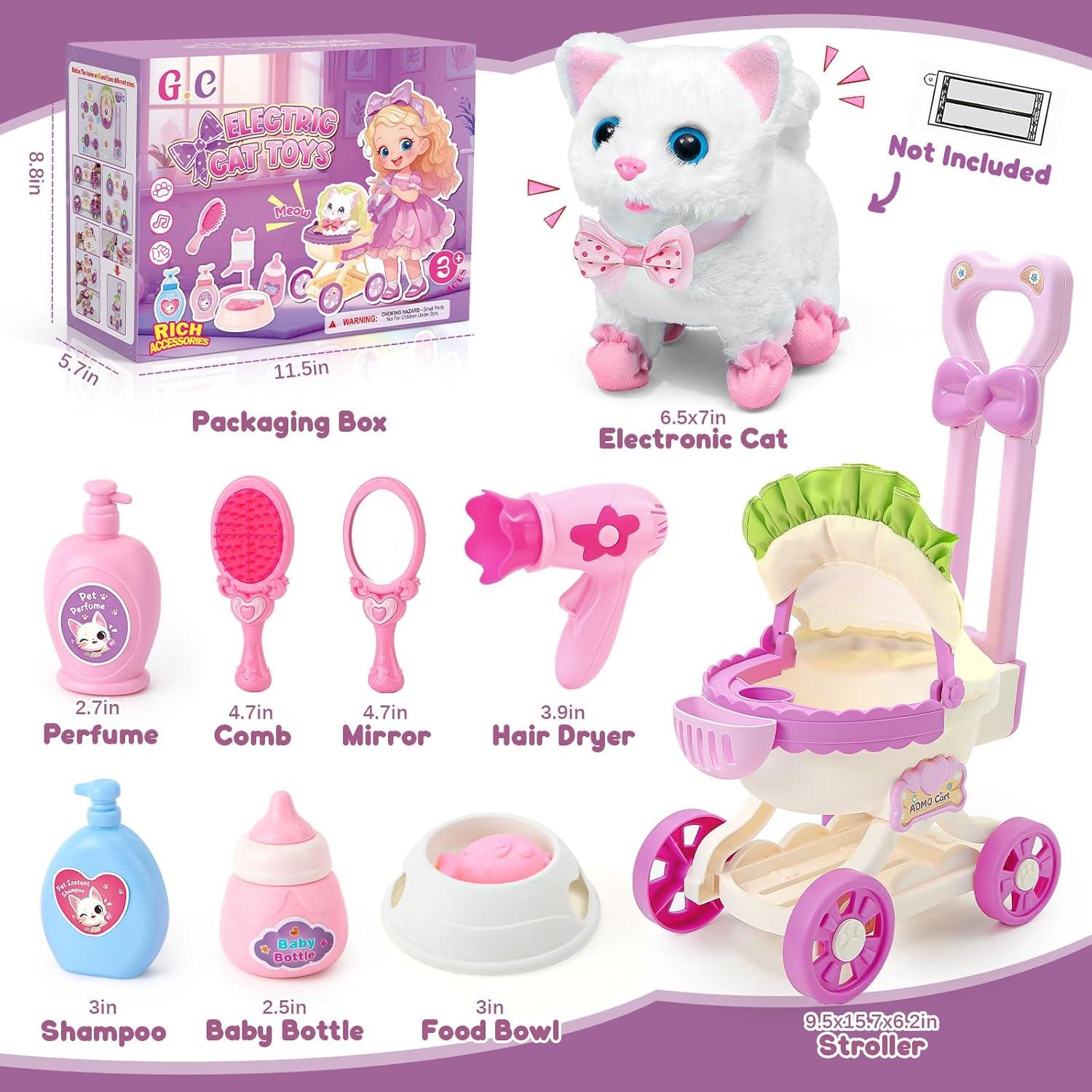 G.C Cat Toys for Kids Girls, Electronic Interactive Stuffed Cat Walk Meow and Wag Tail with Stroller Pet Care Accessories Toys Pretend Play Birthday Gifts for Toddlers Girls 3 4 5 6 7 8 Year Old