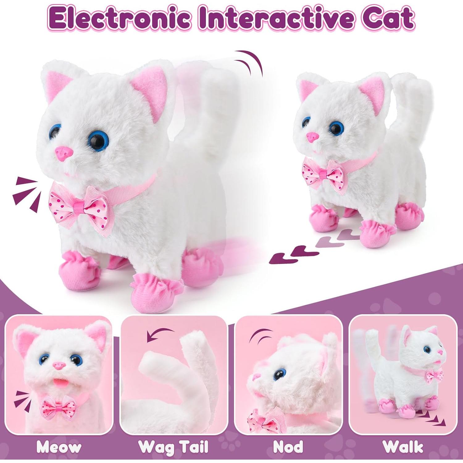 G.C Cat Toys for Kids Girls, Electronic Interactive Stuffed Cat Walk Meow and Wag Tail with Stroller Pet Care Accessories Toys Pretend Play Birthday Gifts for Toddlers Girls 3 4 5 6 7 8 Year Old