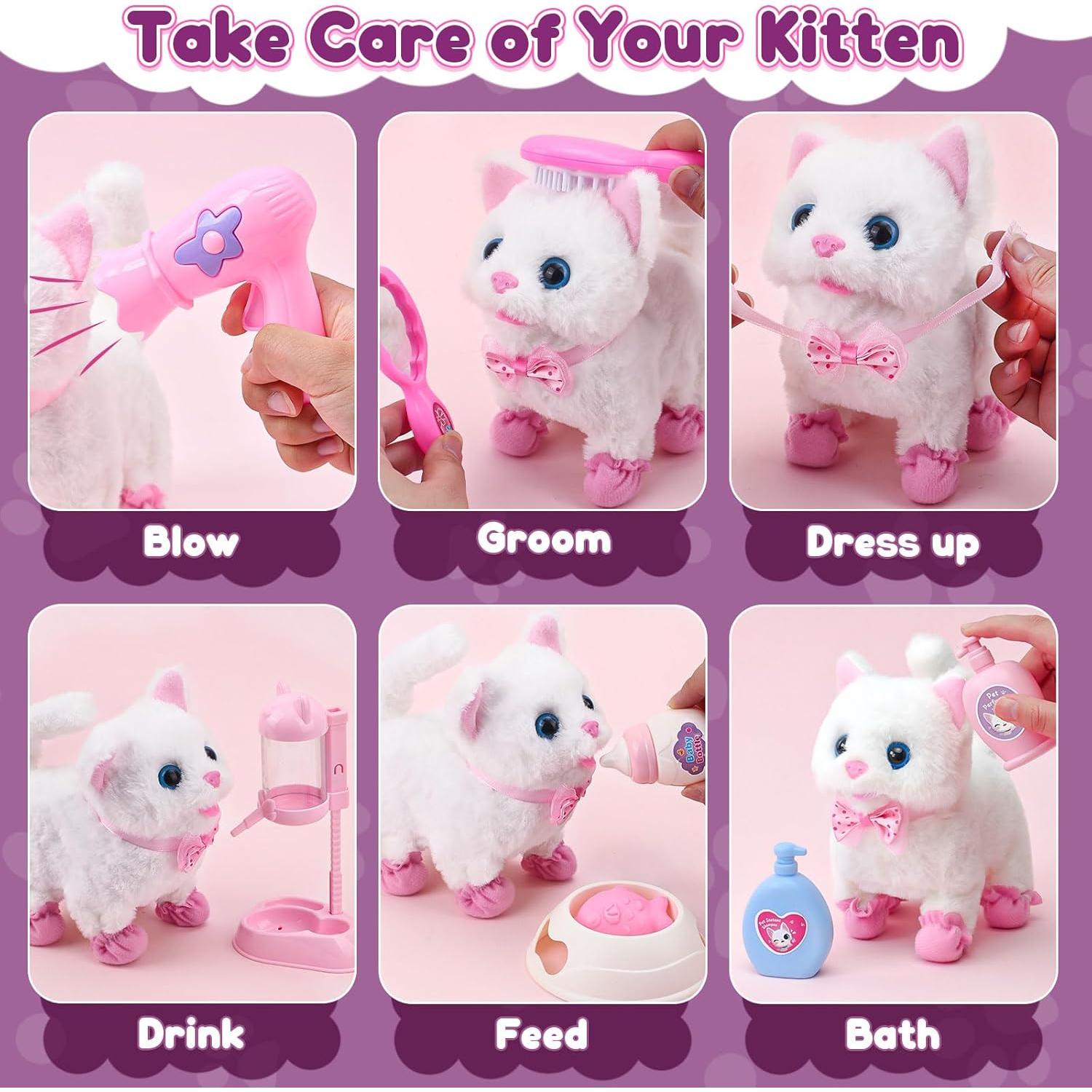 G.C Cat Toys for Kids Girls, Electronic Interactive Stuffed Cat Walk Meow and Wag Tail with Stroller Pet Care Accessories Toys Pretend Play Birthday Gifts for Toddlers Girls 3 4 5 6 7 8 Year Old