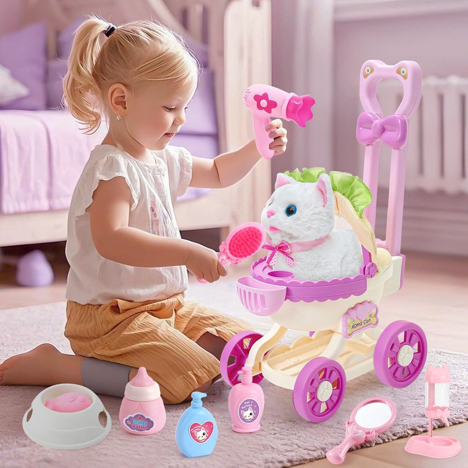 G.C Cat Toys for Kids Girls, Electronic Interactive Stuffed Cat Walk Meow and Wag Tail with Stroller Pet Care Accessories Toys Pretend Play Birthday Gifts for Toddlers Girls 3 4 5 6 7 8 Year Old