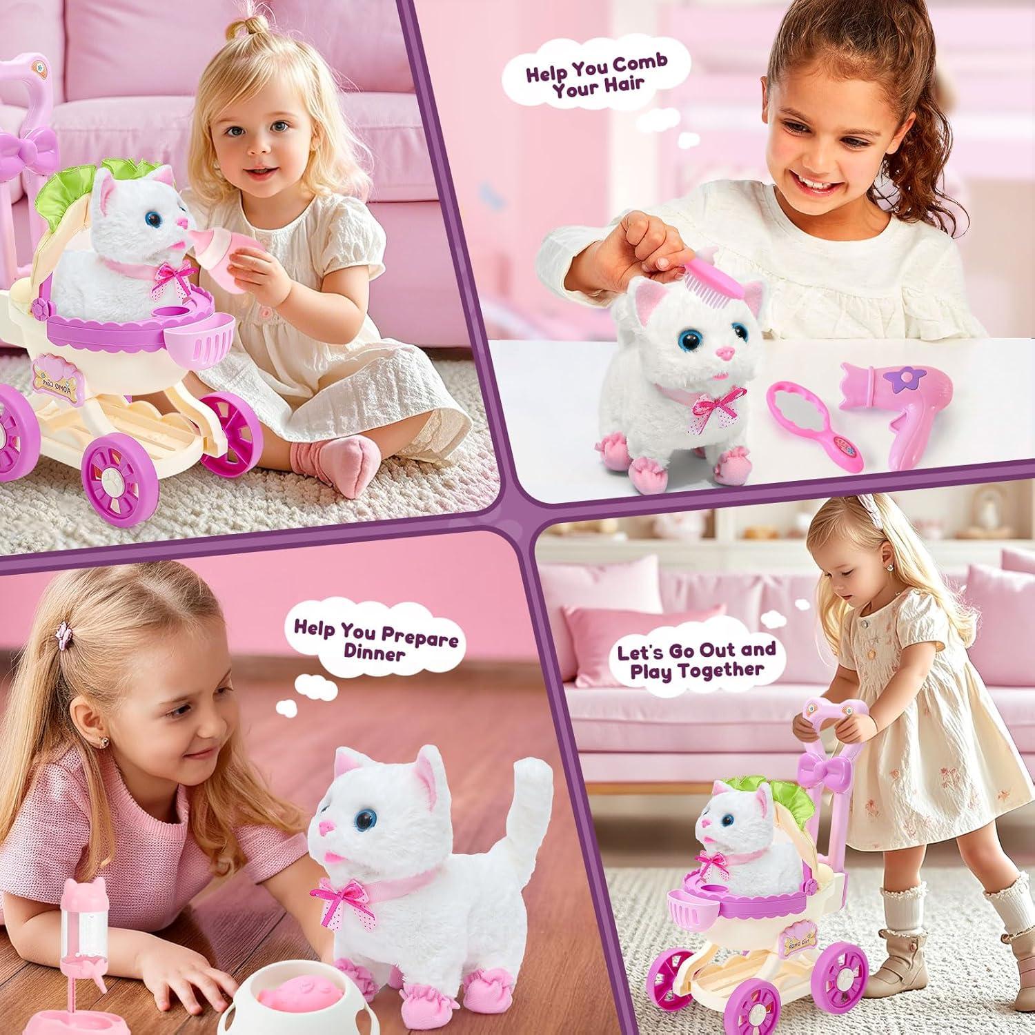 G.C Cat Toys for Kids Girls, Electronic Interactive Stuffed Cat Walk Meow and Wag Tail with Stroller Pet Care Accessories Toys Pretend Play Birthday Gifts for Toddlers Girls 3 4 5 6 7 8 Year Old