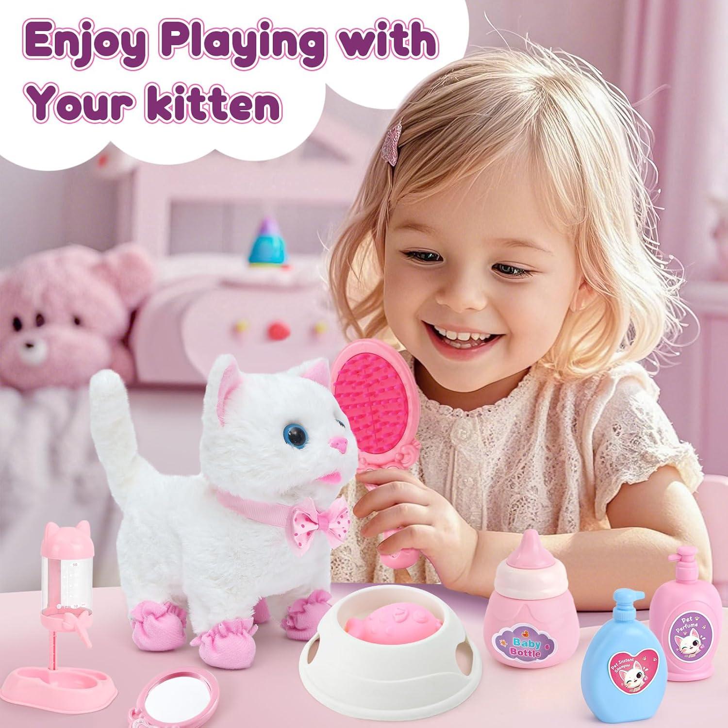 G.C Cat Toys for Kids Girls, Electronic Interactive Stuffed Cat Walk Meow and Wag Tail with Stroller Pet Care Accessories Toys Pretend Play Birthday Gifts for Toddlers Girls 3 4 5 6 7 8 Year Old