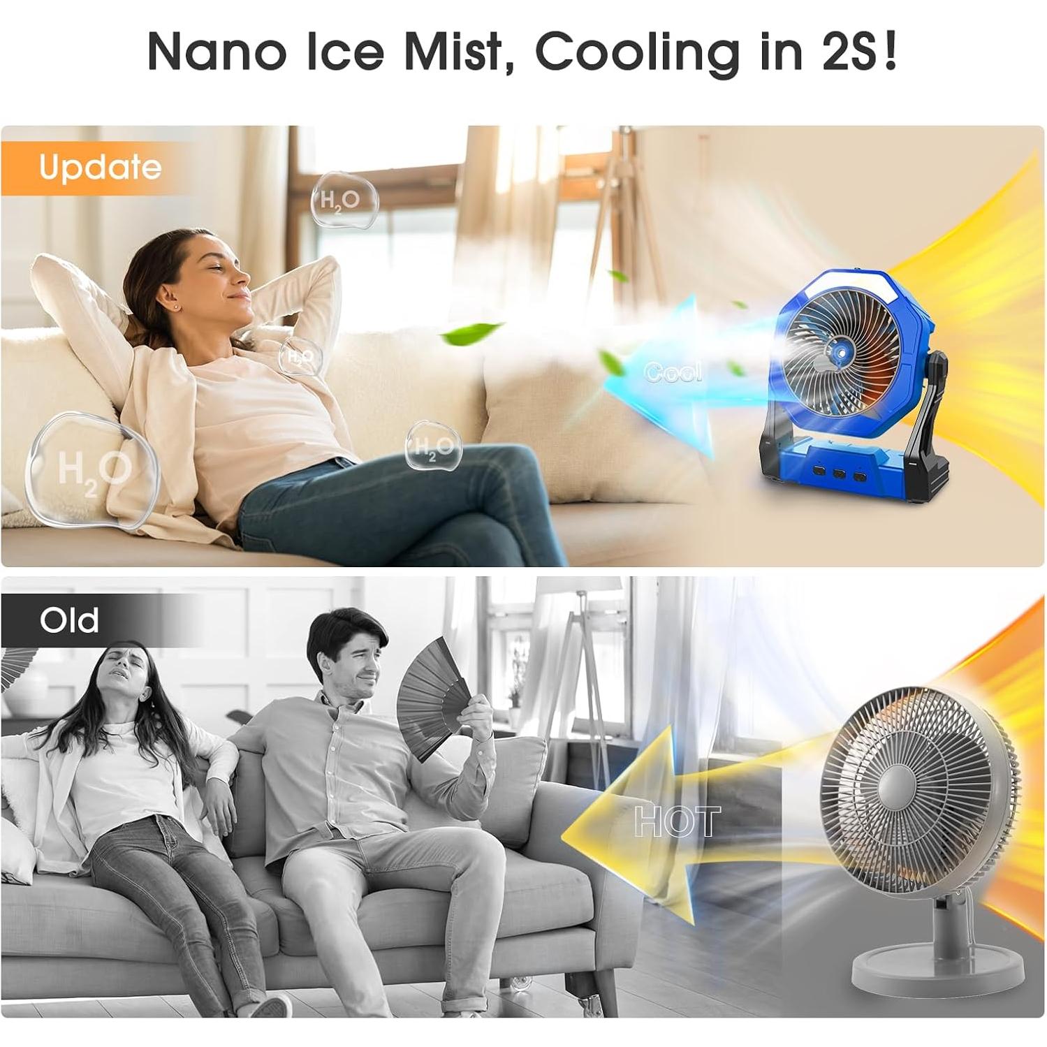 Ausic Portable Misting Fans for Outside, Outdoor Cooling Fan for Patios, 8 Inch Camping Battery Operated Rechargeable Fans, Spray Fan with Light & Hook for Beach, Tents, Travel