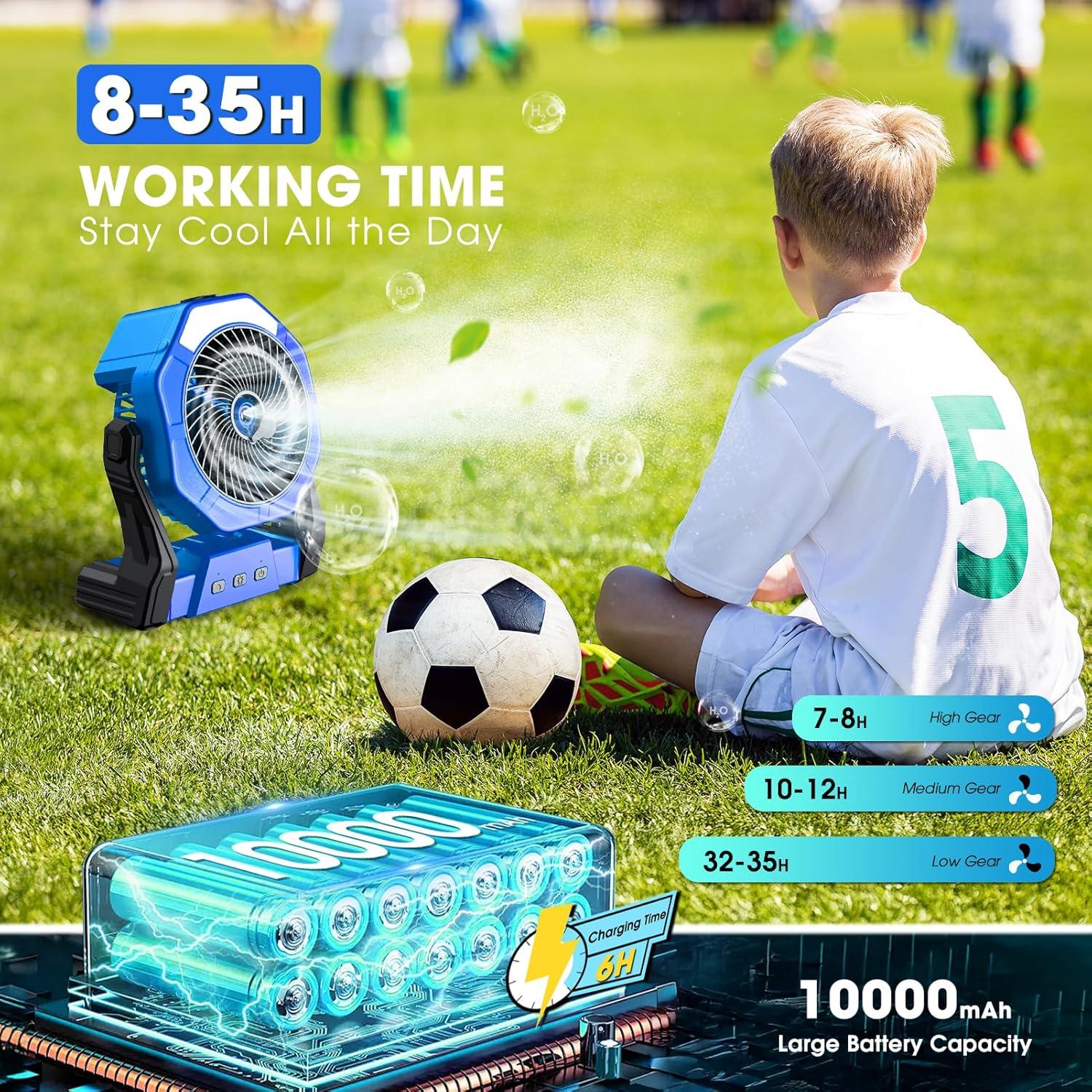 Ausic Portable Misting Fans for Outside, Outdoor Cooling Fan for Patios, 8 Inch Camping Battery Operated Rechargeable Fans, Spray Fan with Light & Hook for Beach, Tents, Travel