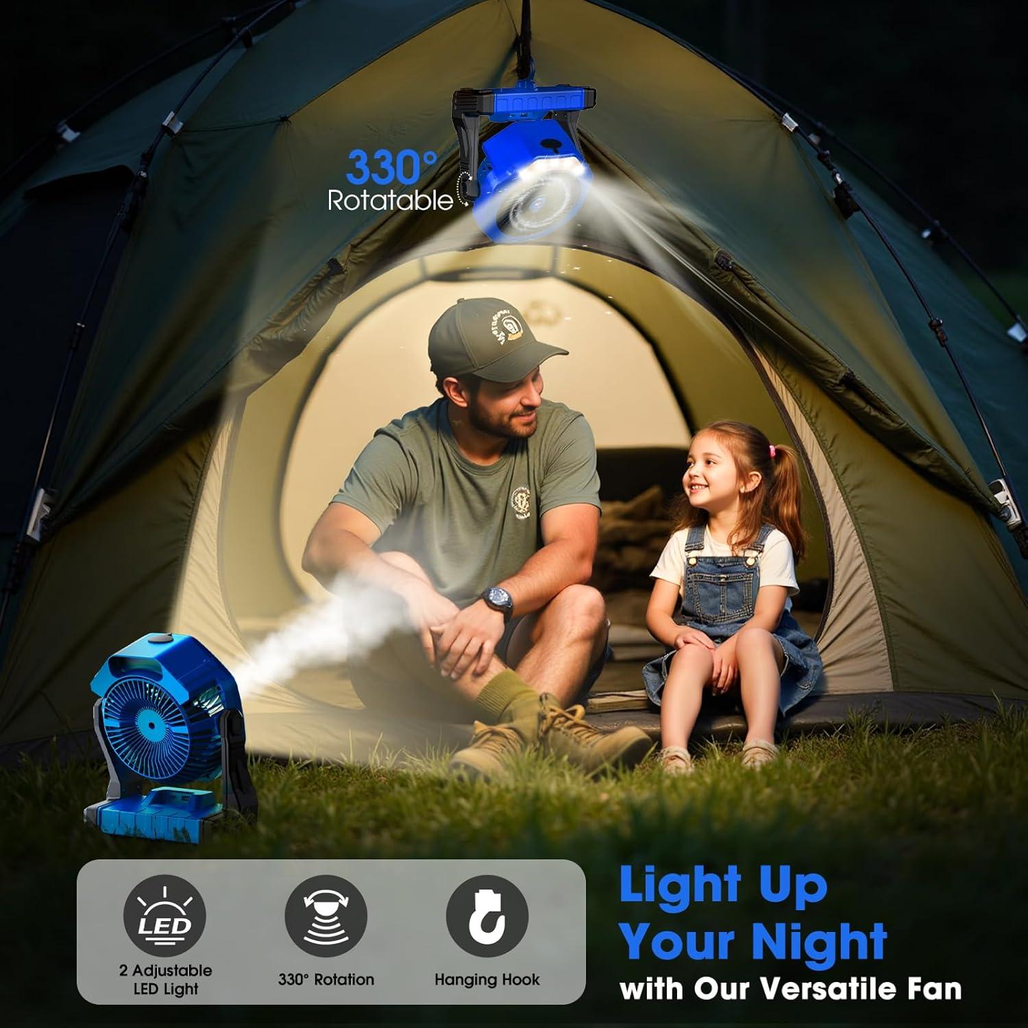 Ausic Portable Misting Fans for Outside, Outdoor Cooling Fan for Patios, 8 Inch Camping Battery Operated Rechargeable Fans, Spray Fan with Light & Hook for Beach, Tents, Travel