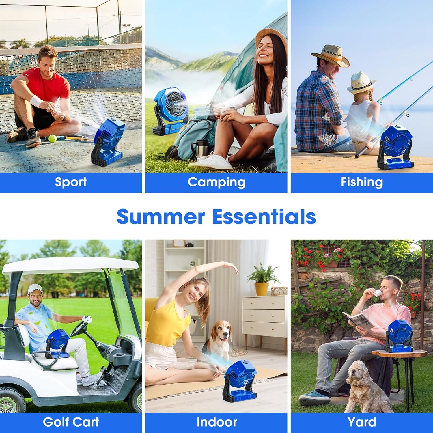 Ausic Portable Misting Fans for Outside, Outdoor Cooling Fan for Patios, 8 Inch Camping Battery Operated Rechargeable Fans, Spray Fan with Light & Hook for Beach, Tents, Travel