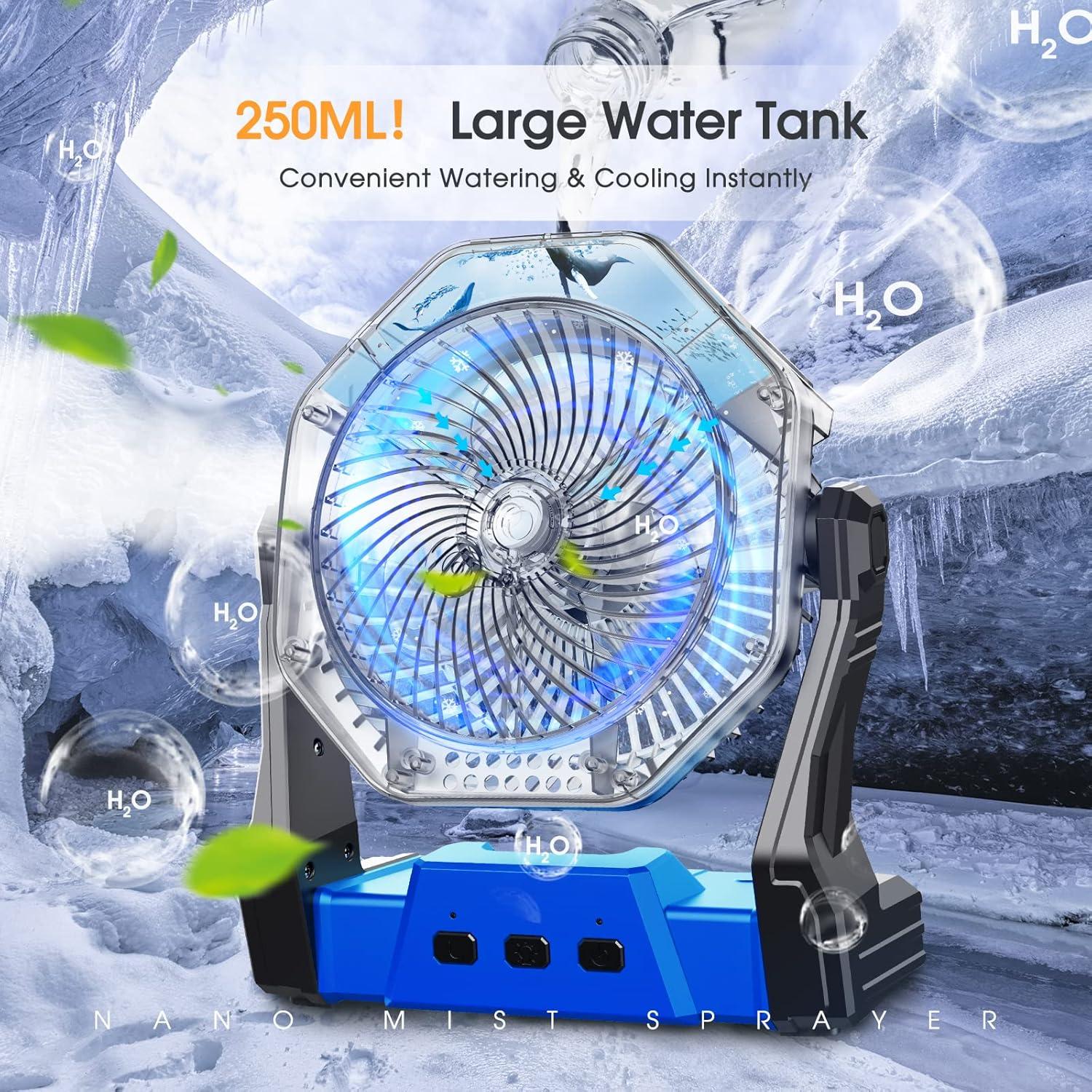 Ausic Portable Misting Fans for Outside, Outdoor Cooling Fan for Patios, 8 Inch Camping Battery Operated Rechargeable Fans, Spray Fan with Light & Hook for Beach, Tents, Travel